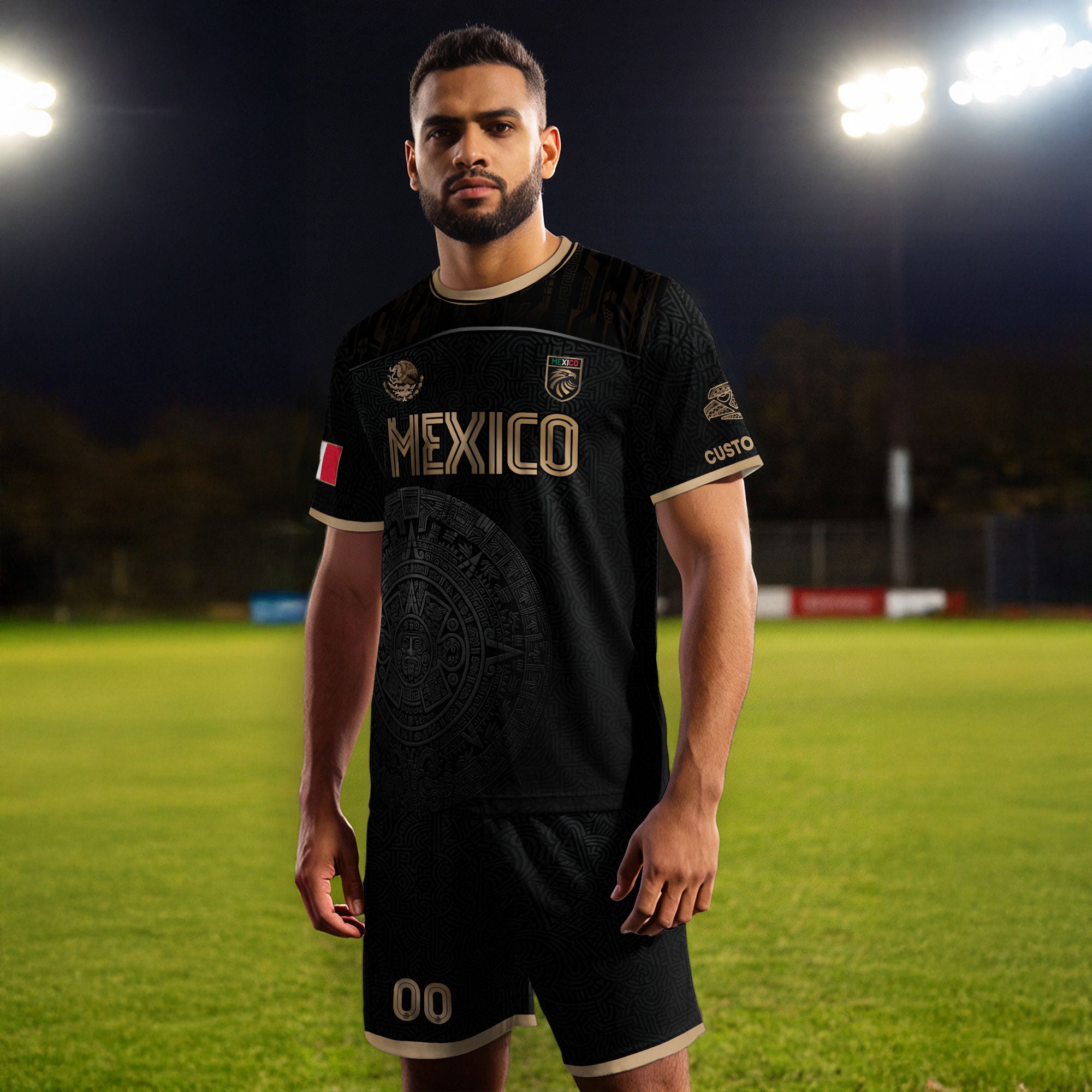Custom Mexico Black Aztec Calendar Gold Edition Soccer Jersey