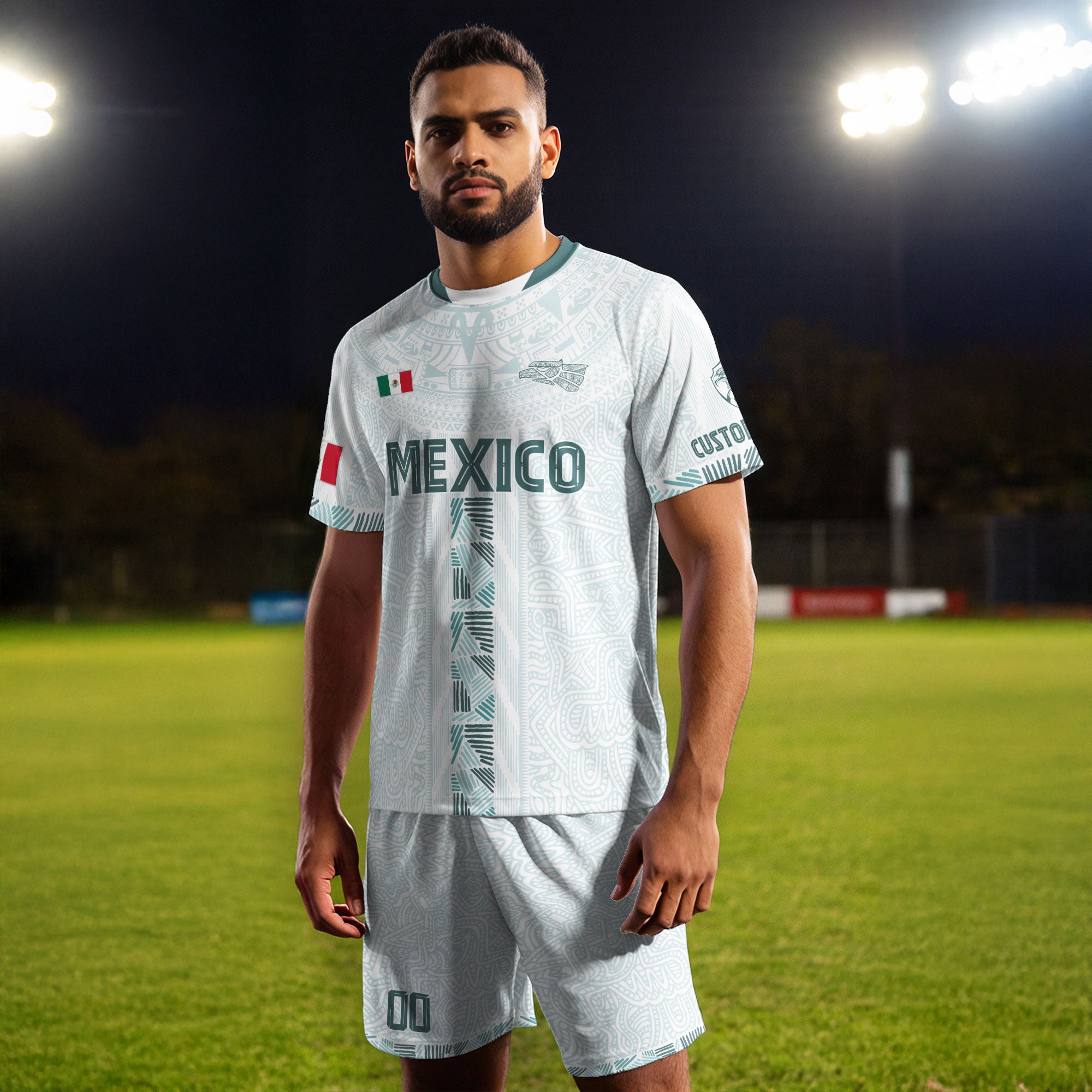 Custom Mexico White Aztec Calendar Design Soccer Jersey