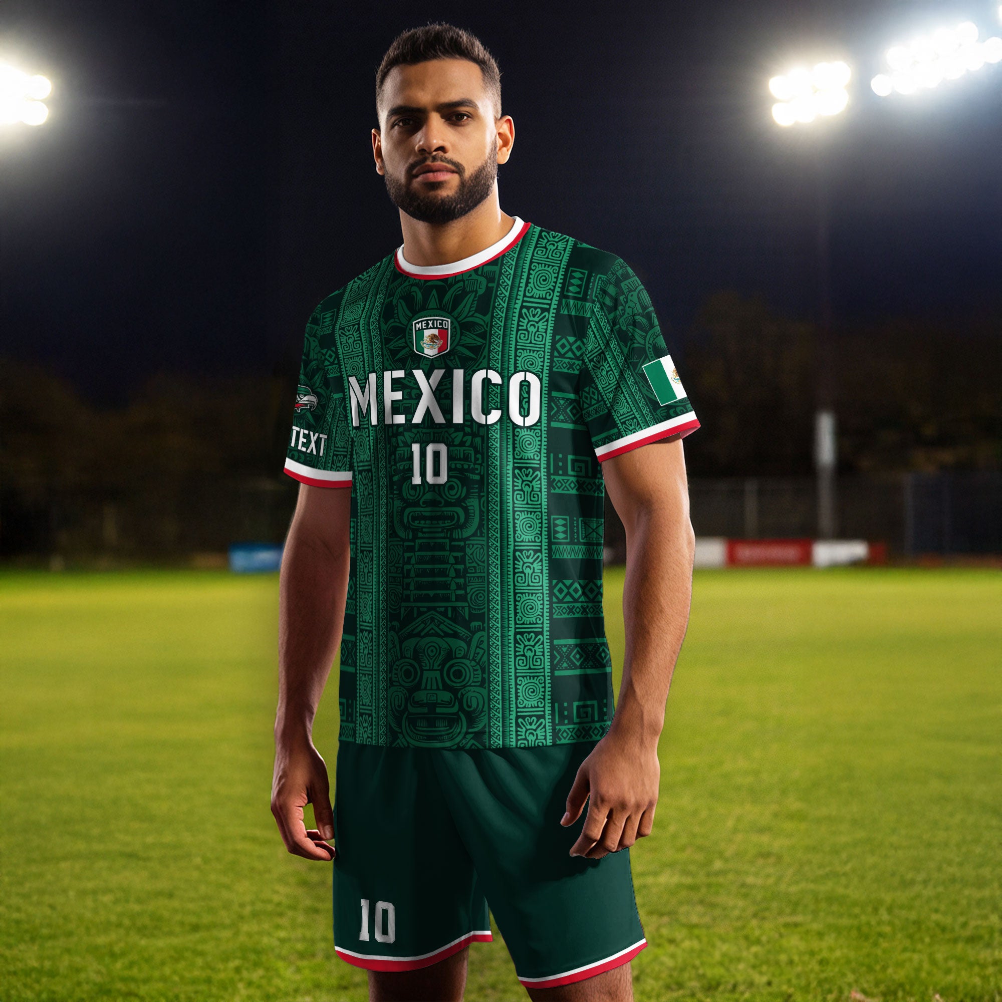 Custom Soccer Jersey Mexico Green Aztec Tribal Pattern Design