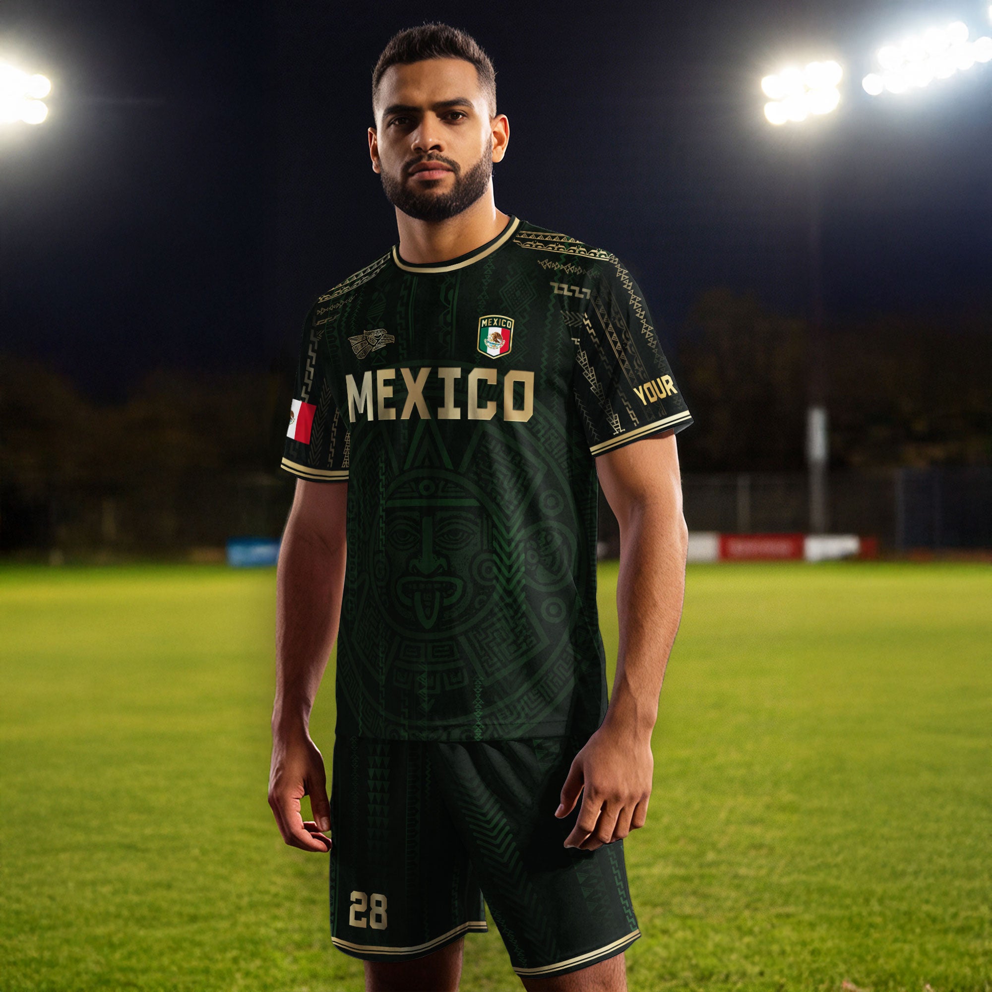 Custom Mexico Dark Green Gold Aztec Sun Design Soccer Jersey