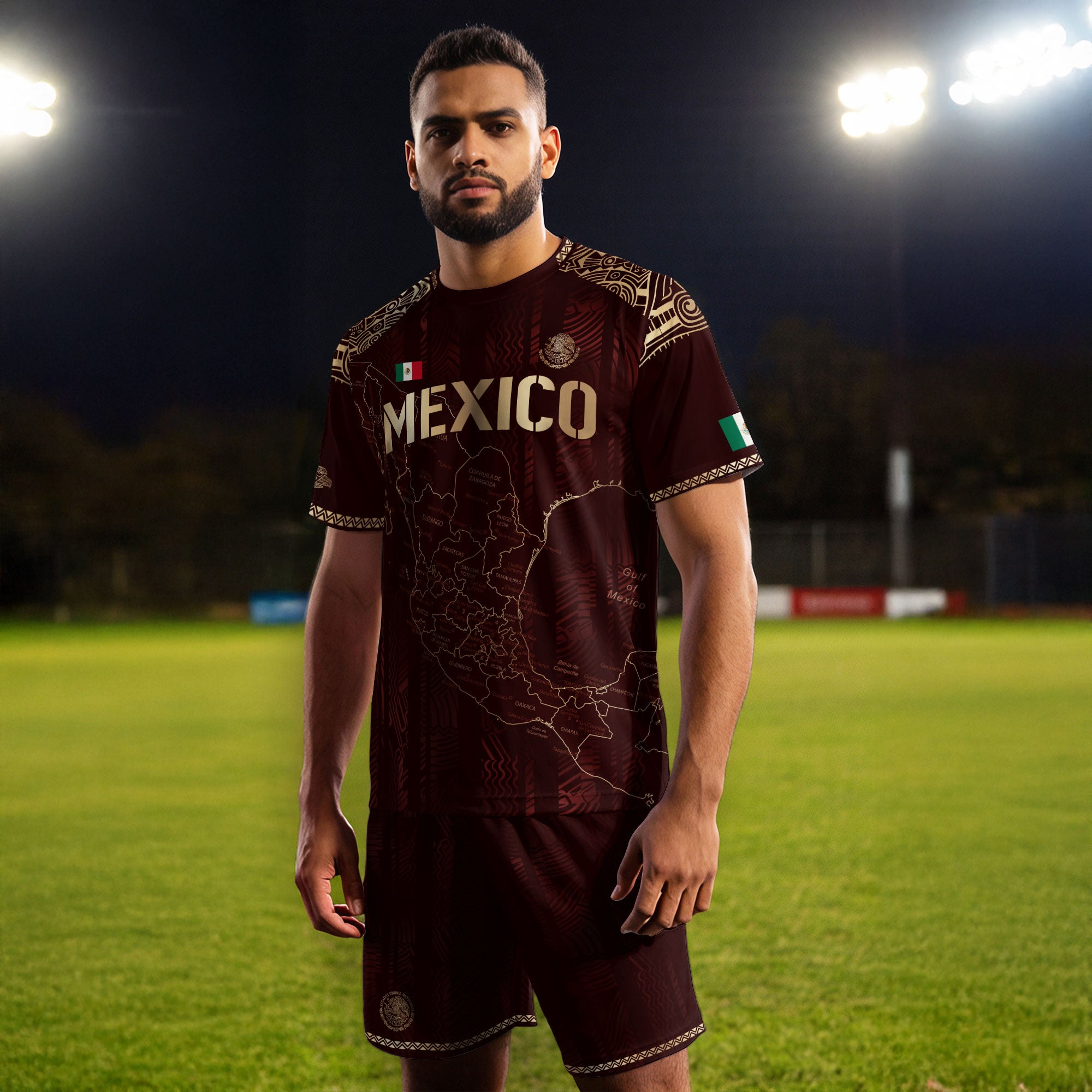 Mexico Soccer Jersey Burgundy Map Aztec Pattern Heritage Golden Details Design