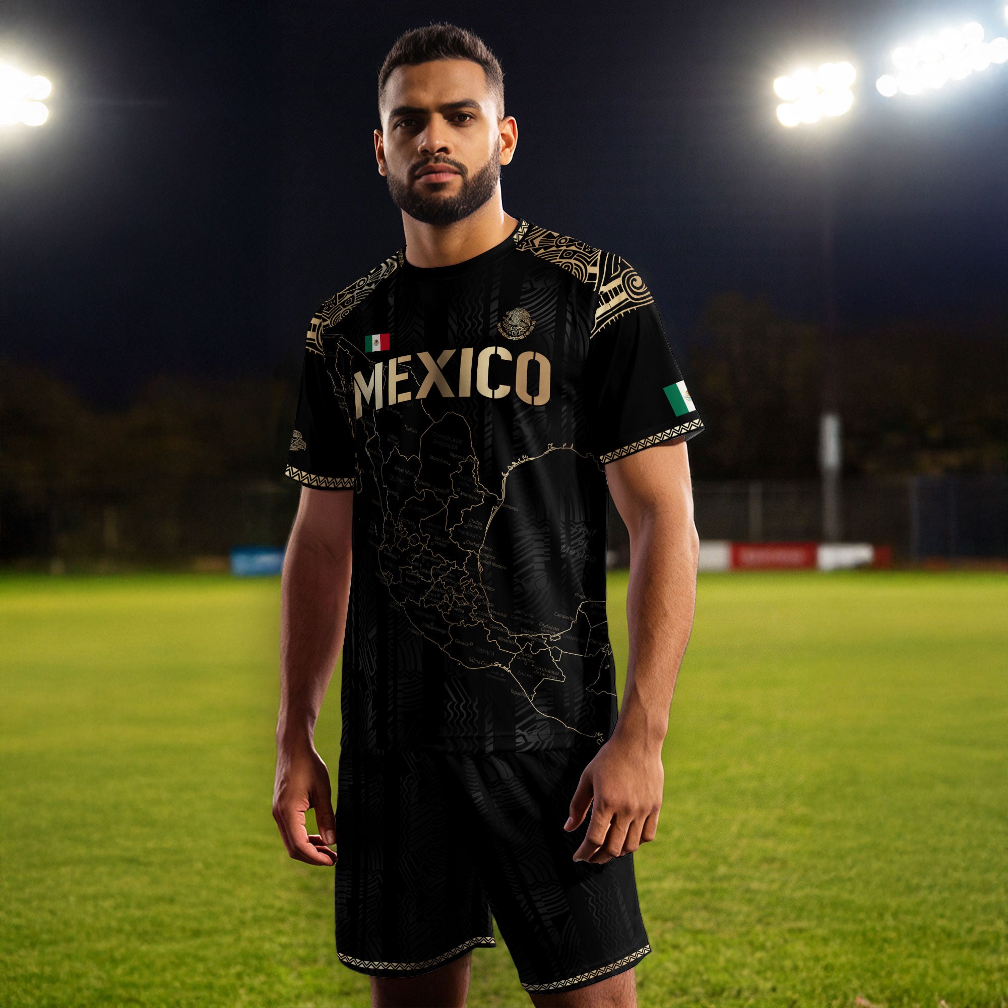 Mexico Black Heritage Map Soccer Jersey with Golden Aztec Details
