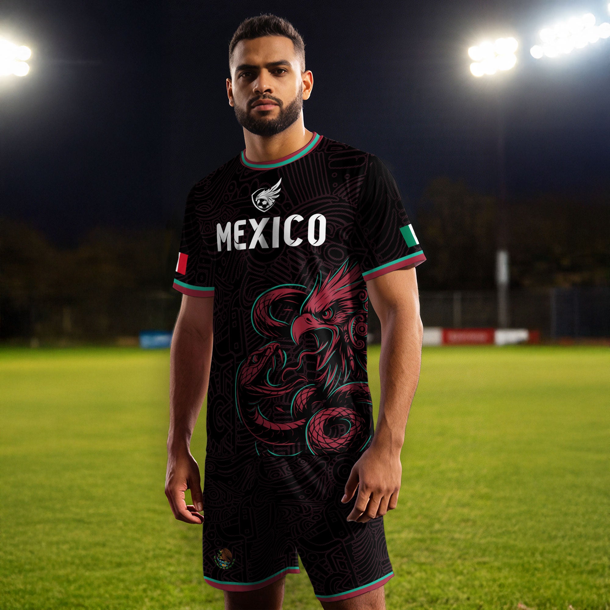 Mexico Black Red Aztec Eagle And Serpent Soccer Jersey