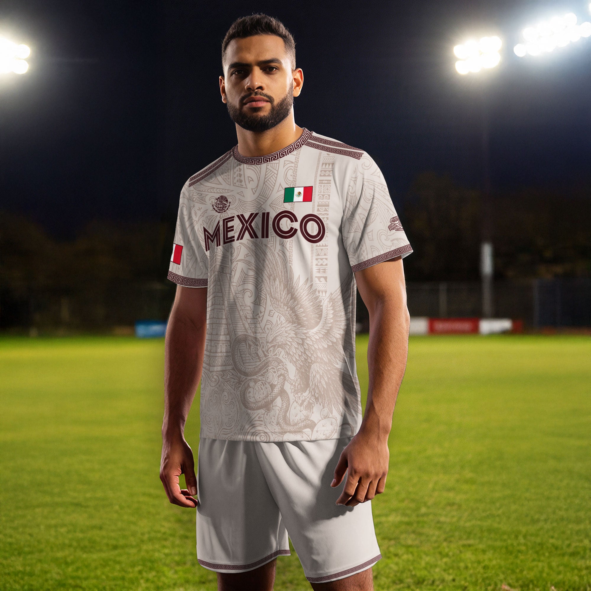 Camiseta de fútbol de México con diseño de águila de piedra solar azteca