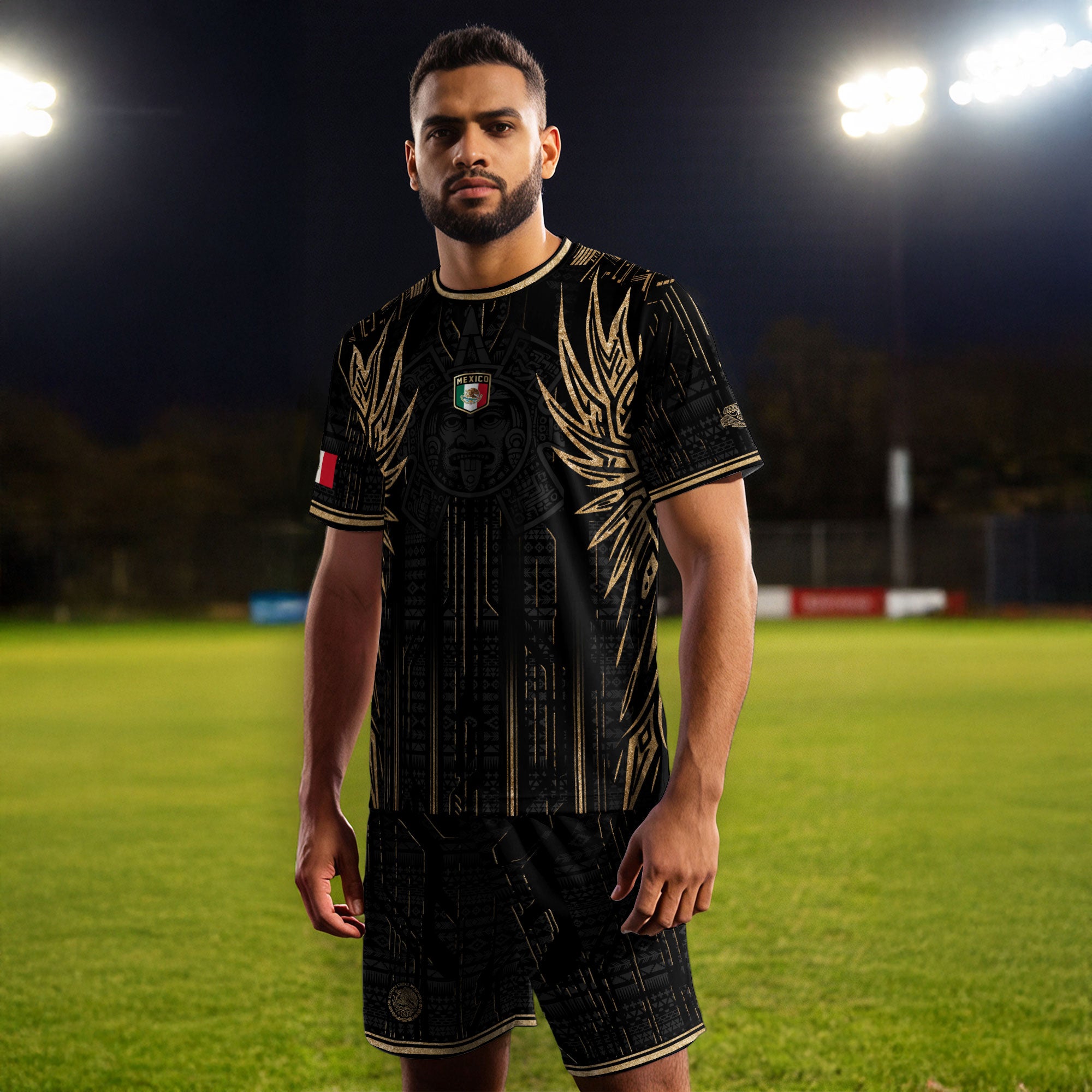 Mexico Soccer Jersey Black Aztec Warrior Gold Feather Design