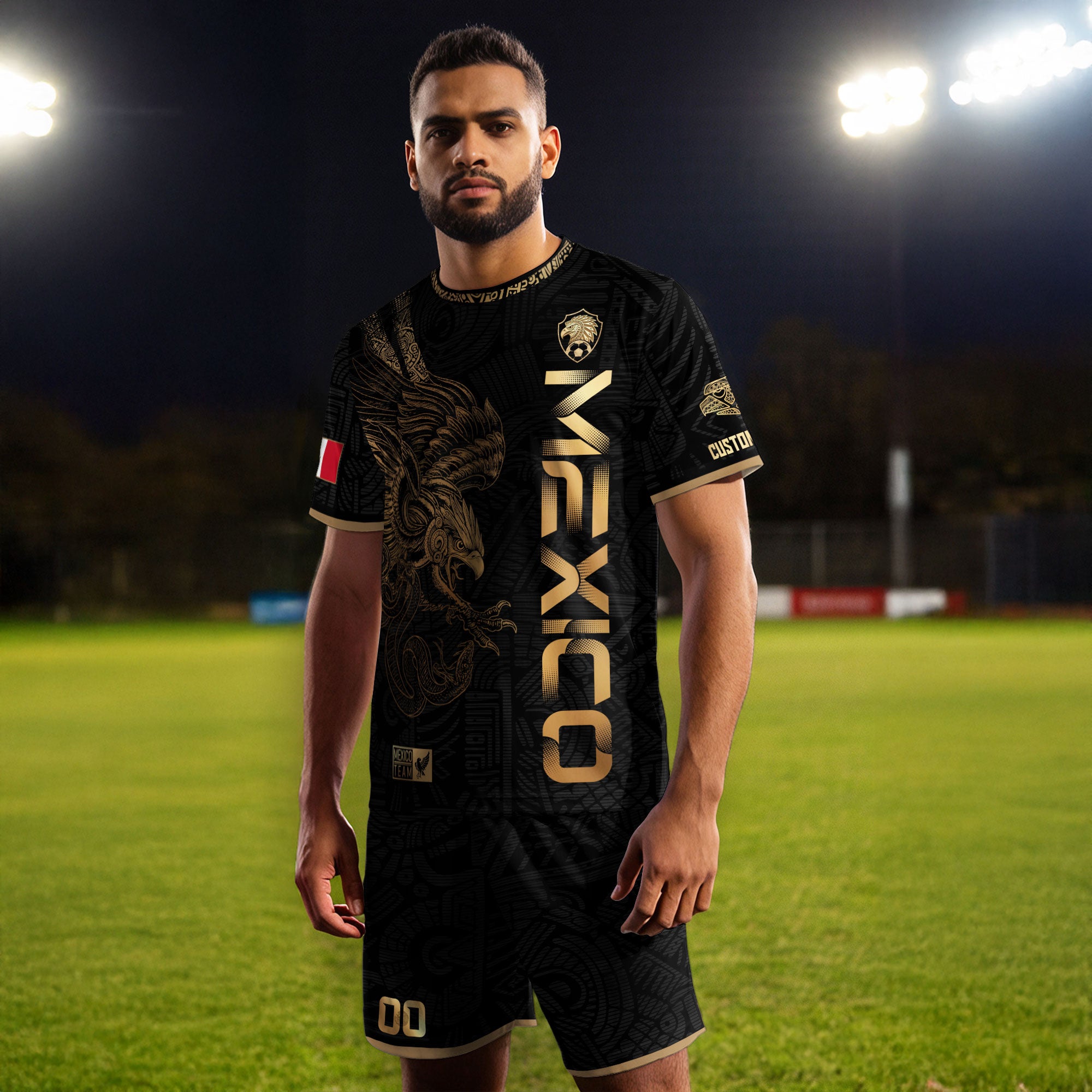 Custom Mexico Black Gold Soccer Jersey with Aztec Eagle Serpent Design