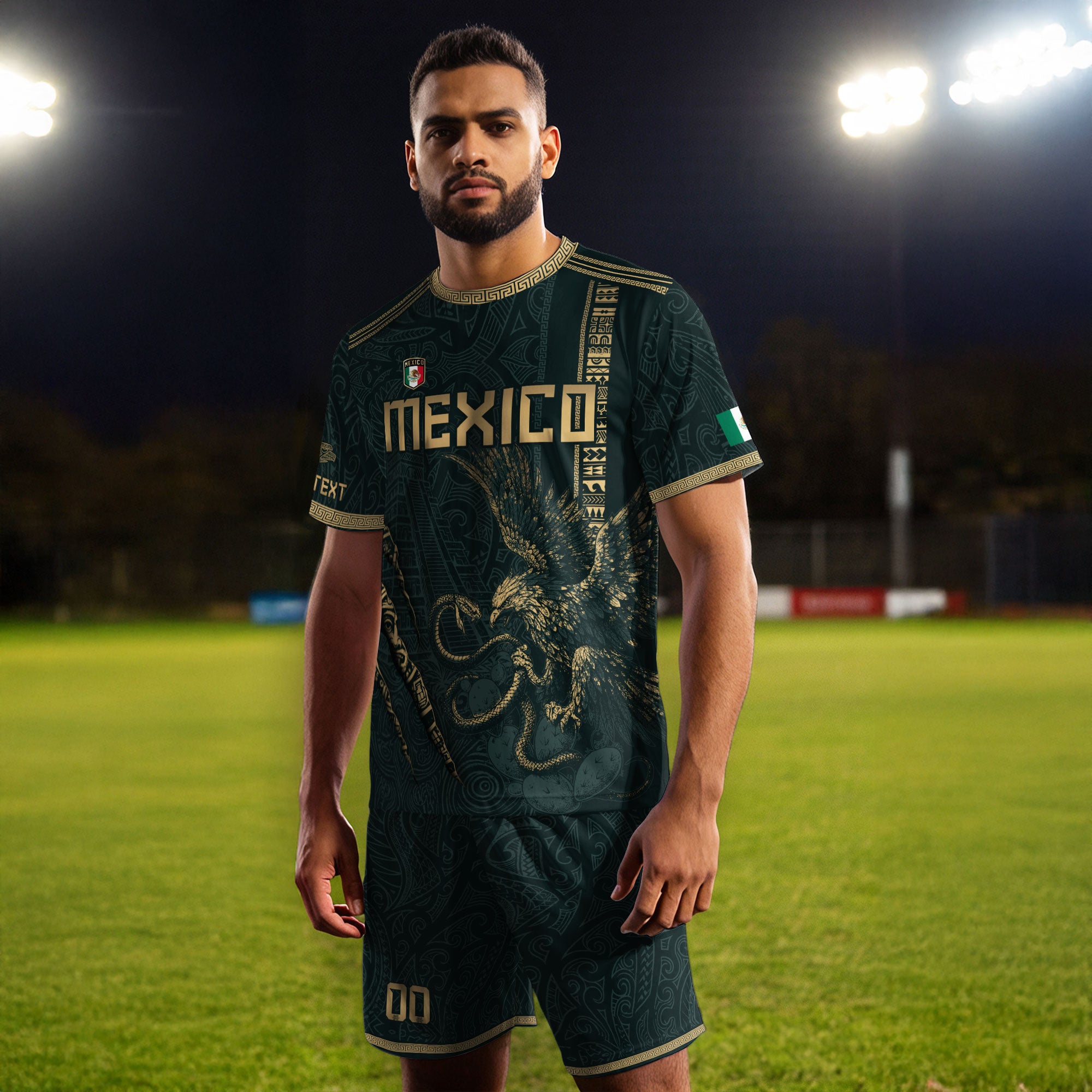 Custom Mexico Green Gold Eagle Claw Aztec Warrior Heritage Soccer Jersey