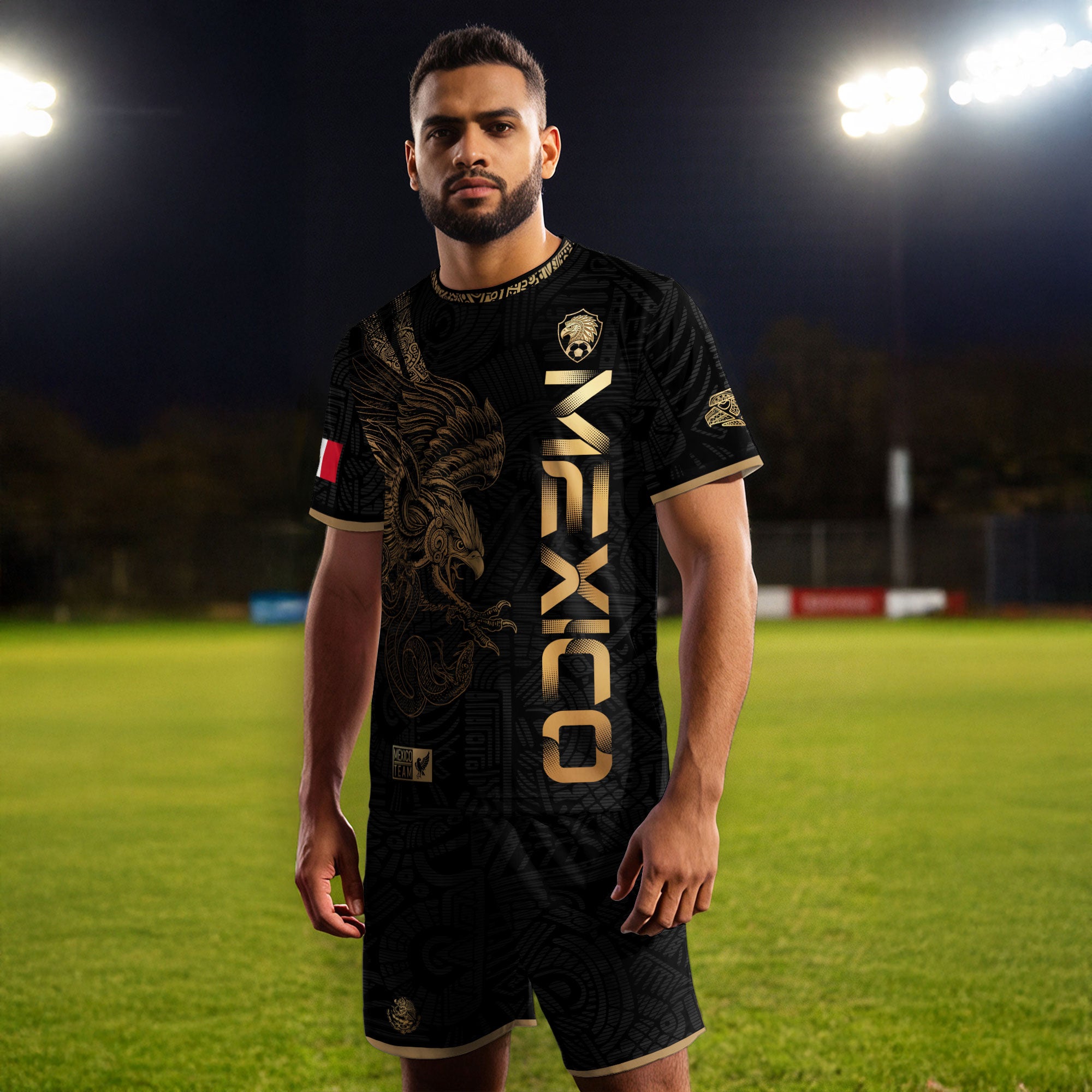 Camiseta de fútbol de la herencia del guerrero azteca del águila dorada negra de México