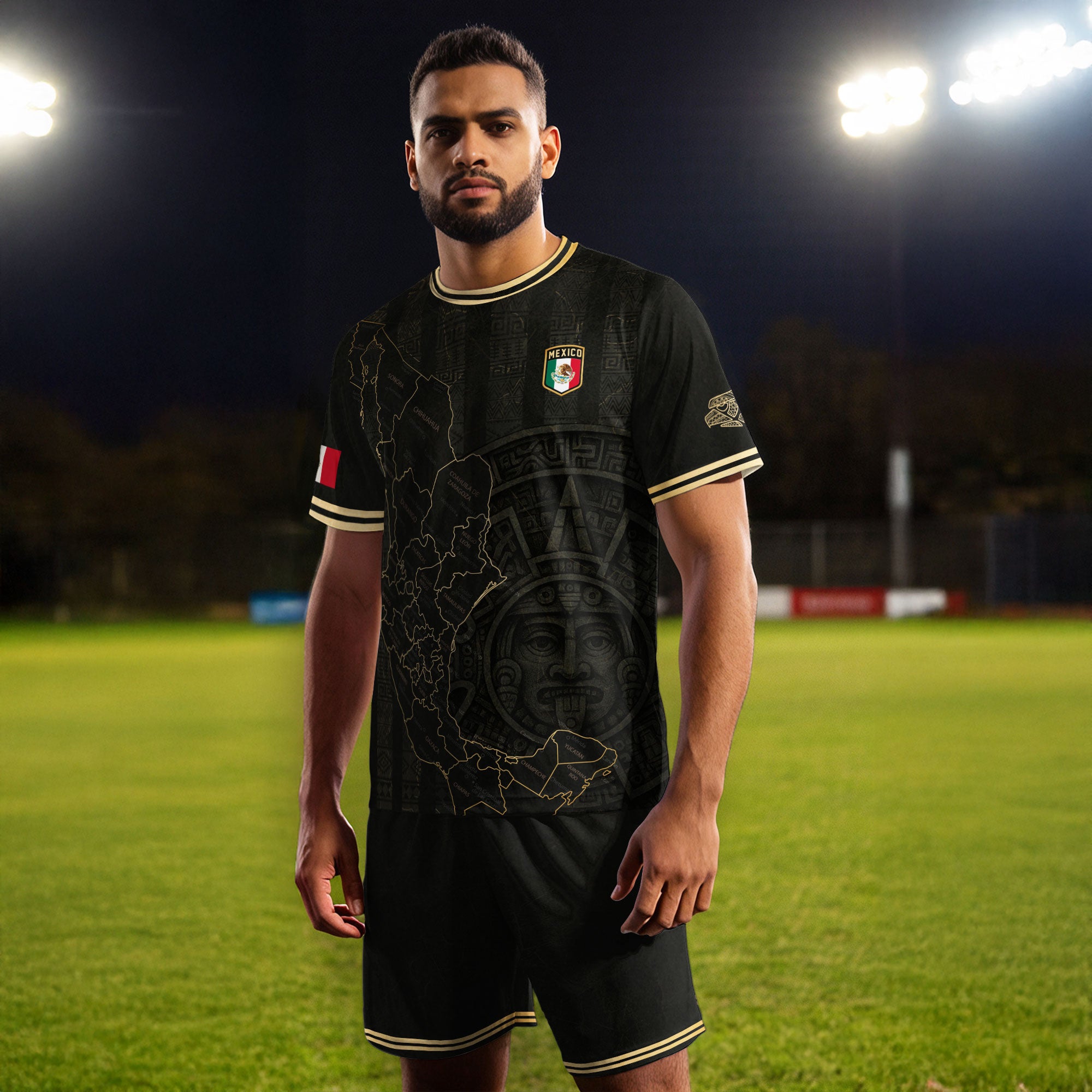 Camiseta de fútbol con el calendario azteca y el mapa negro y dorado de México