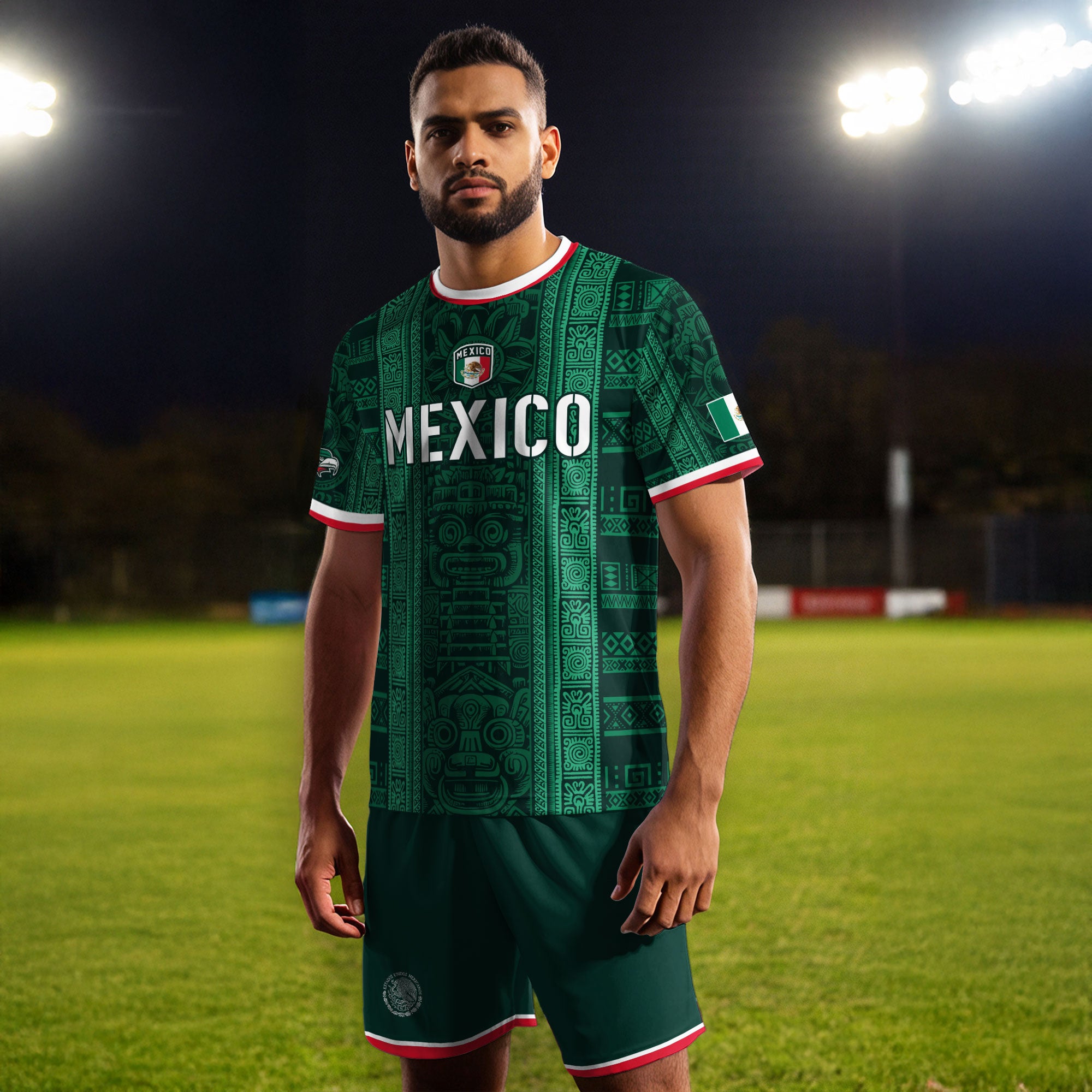 Mexico Green Aztec Warrior Pattern Heritage Soccer Jersey