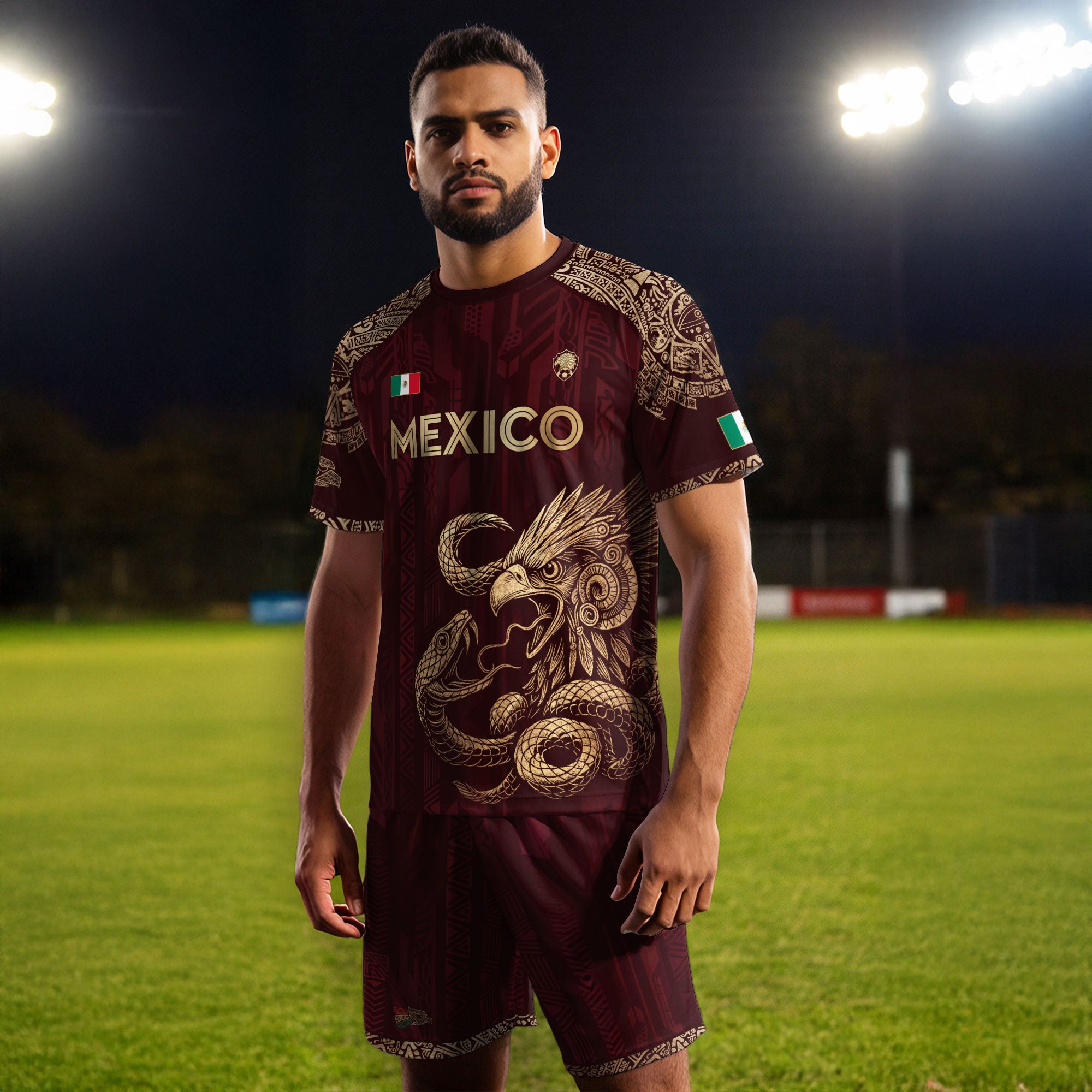 Mexico Red Gold Eagle And Serpent Heritage Soccer Jersey