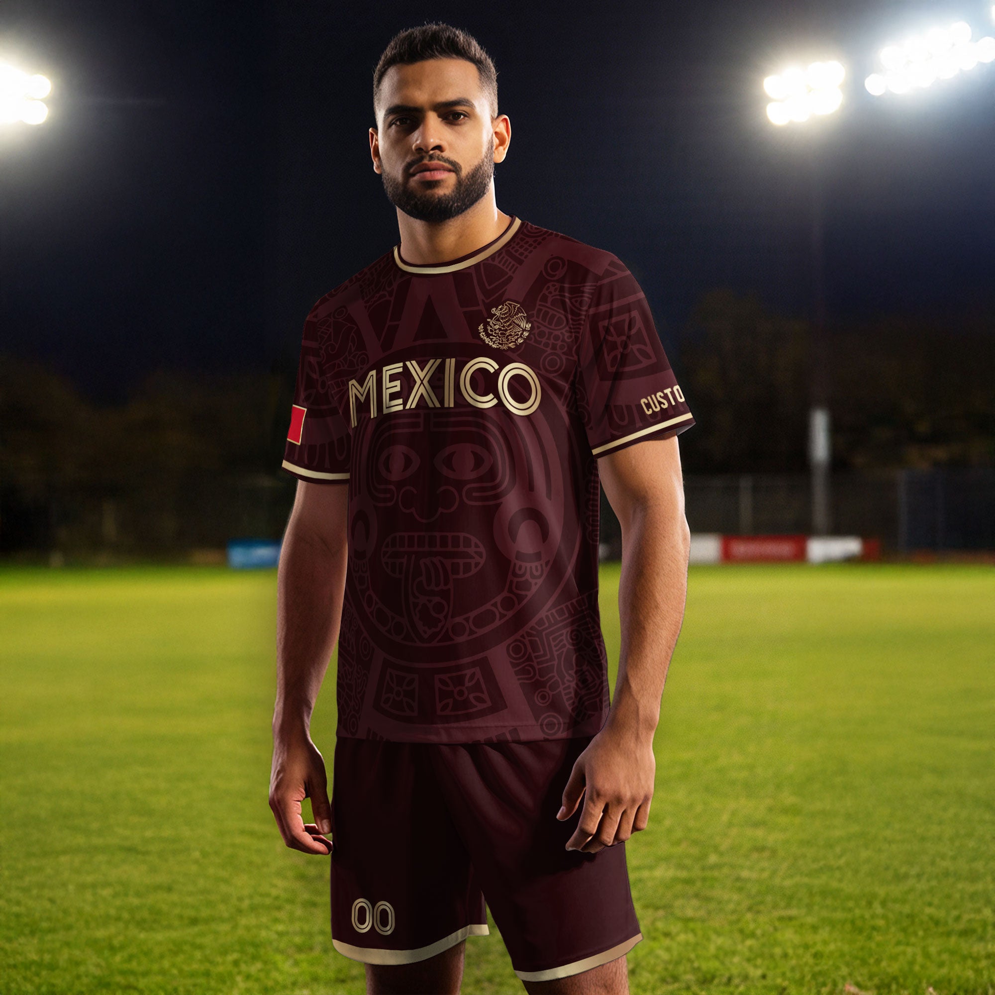 Custom Mexico Soccer Jersey Maroon Gold Aztec Calendar Design