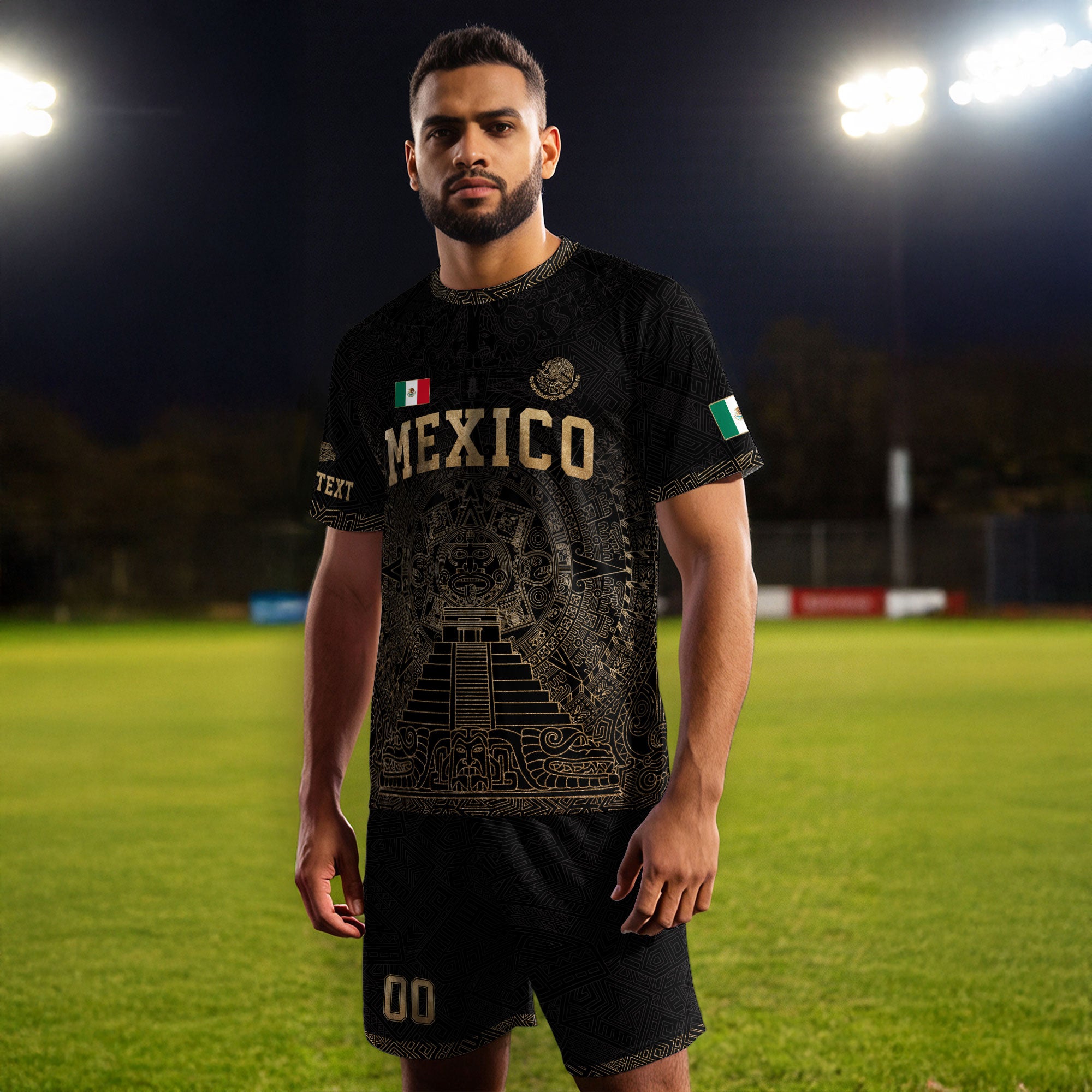 Custom Mexico Soccer Jersey Black Gold Aztec Calendar Heritage Design
