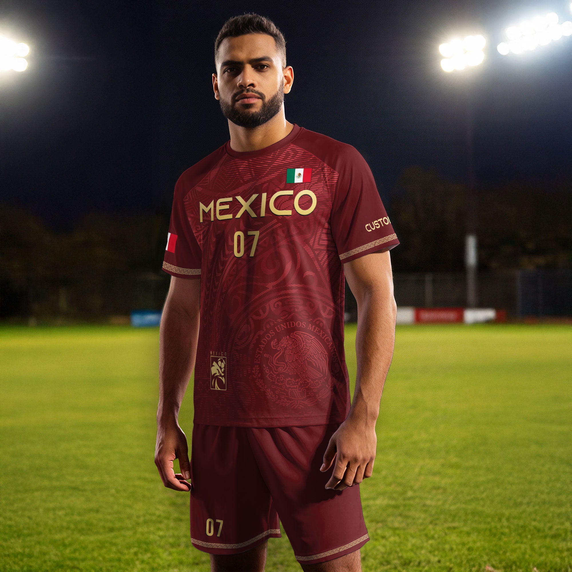 Custom Mexico Soccer Jersey Burgundy Gold Eagle Pattern Design