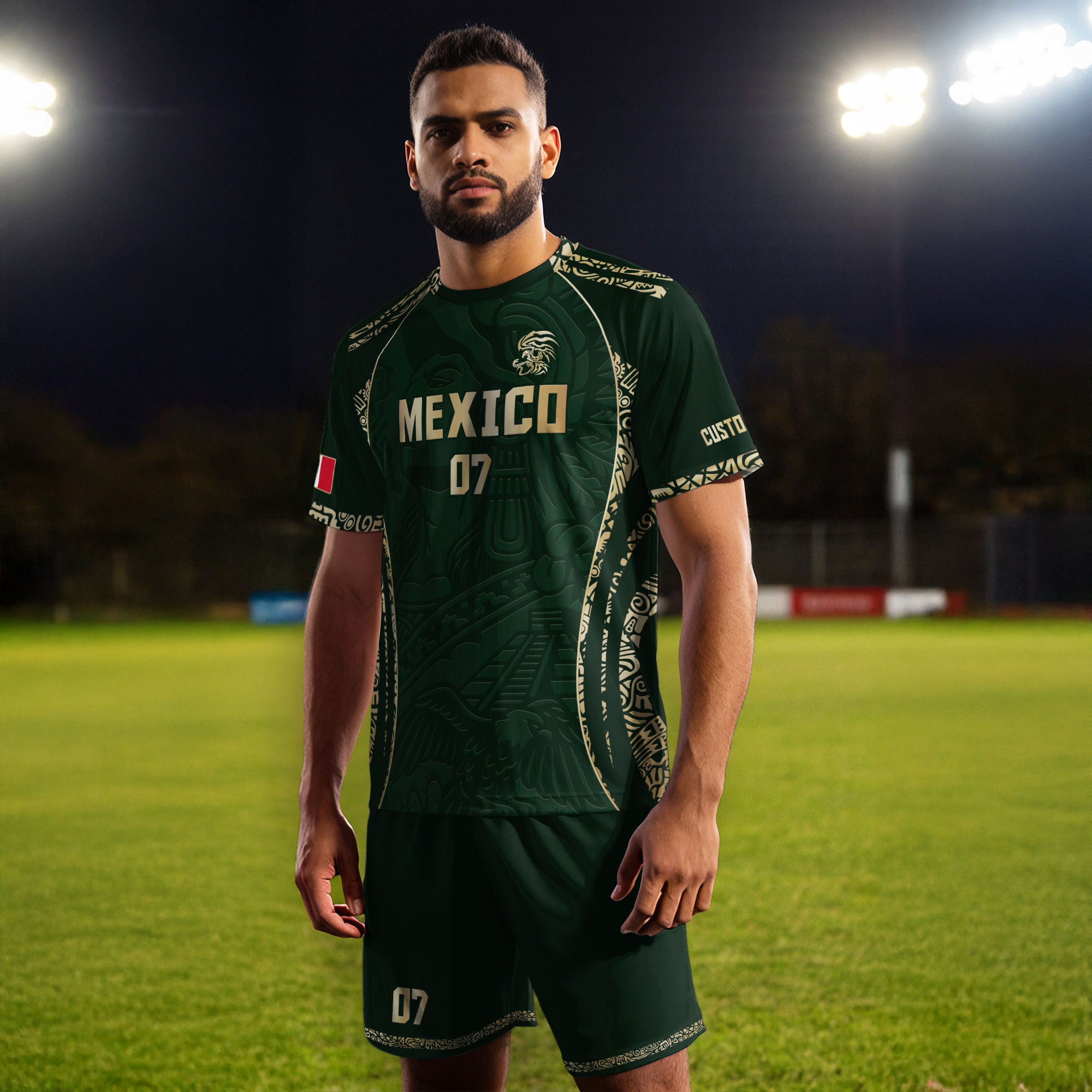 Custom Mexico Soccer Jersey Dark Green Gold Aztec Eagle Design