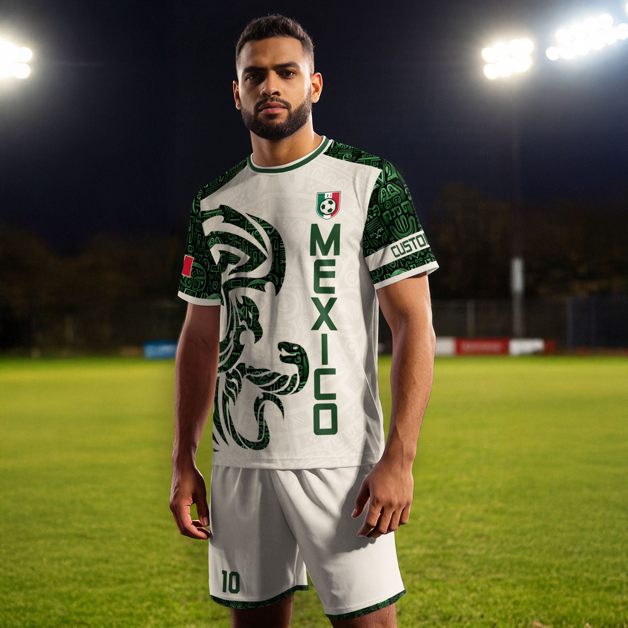 Custom Mexico Soccer Jersey Beige Green Aztec Design