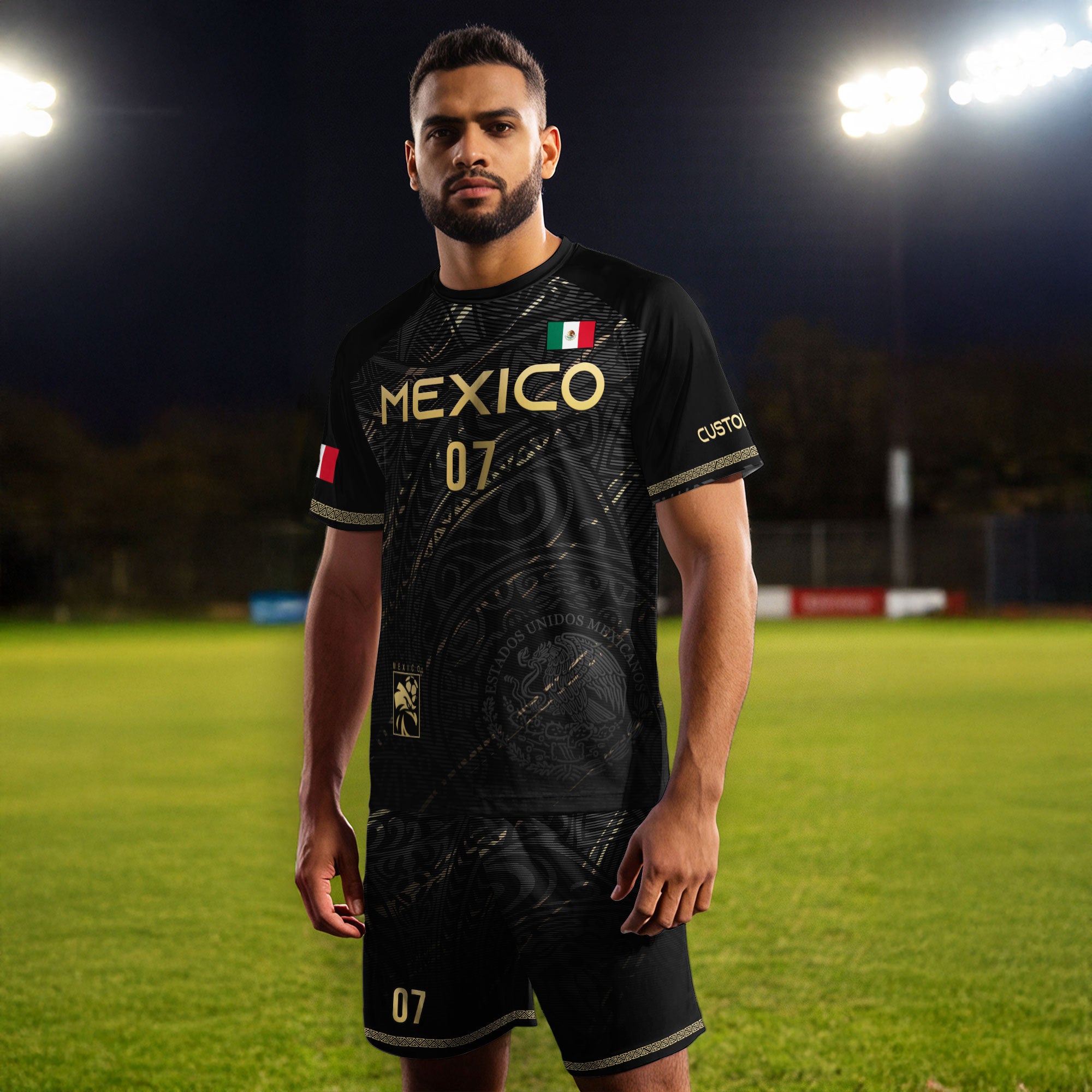Custom Black Gold Mexico Soccer Jersey with Eagle Design