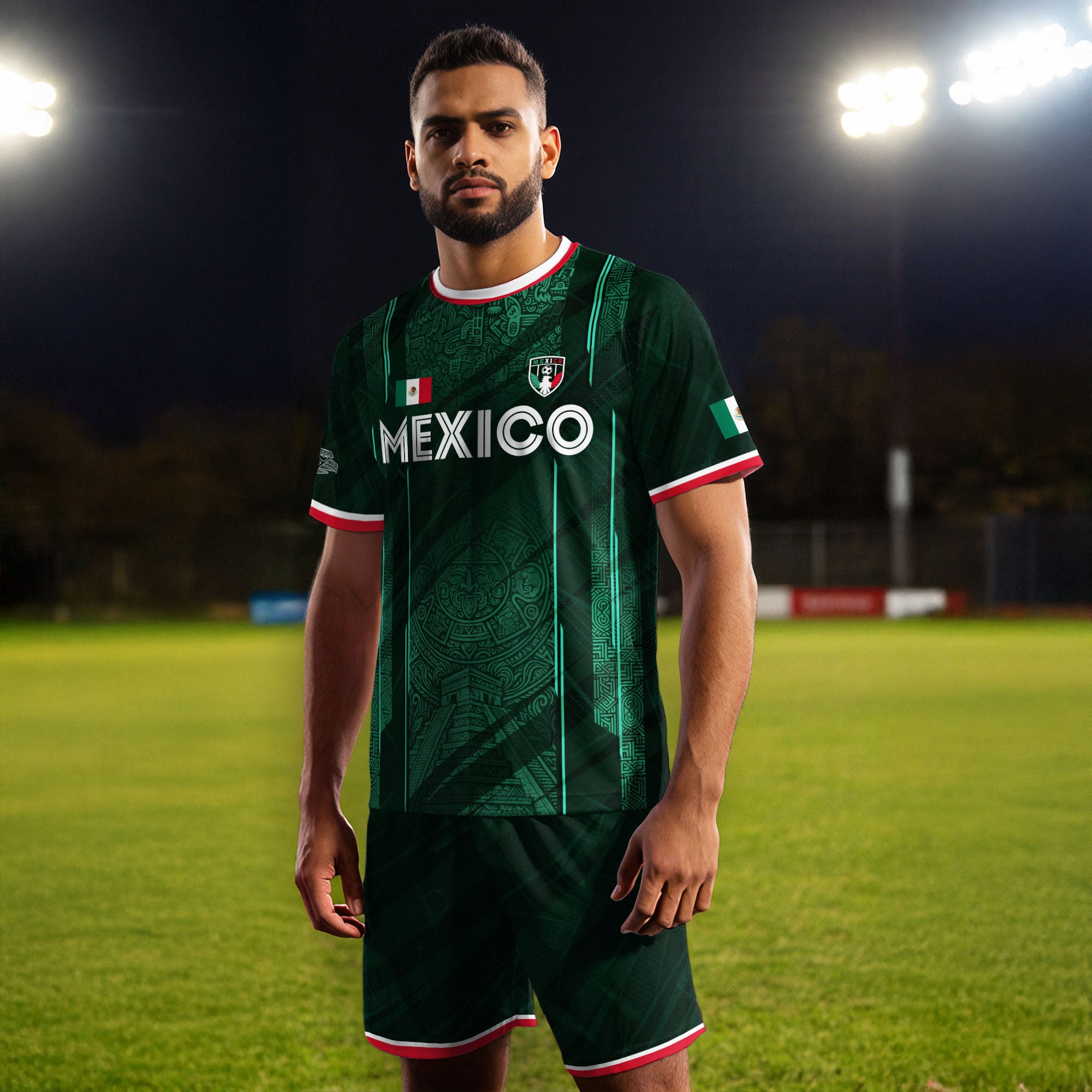 Mexico Soccer Jersey Green Aztec Calendar National Emblem Design