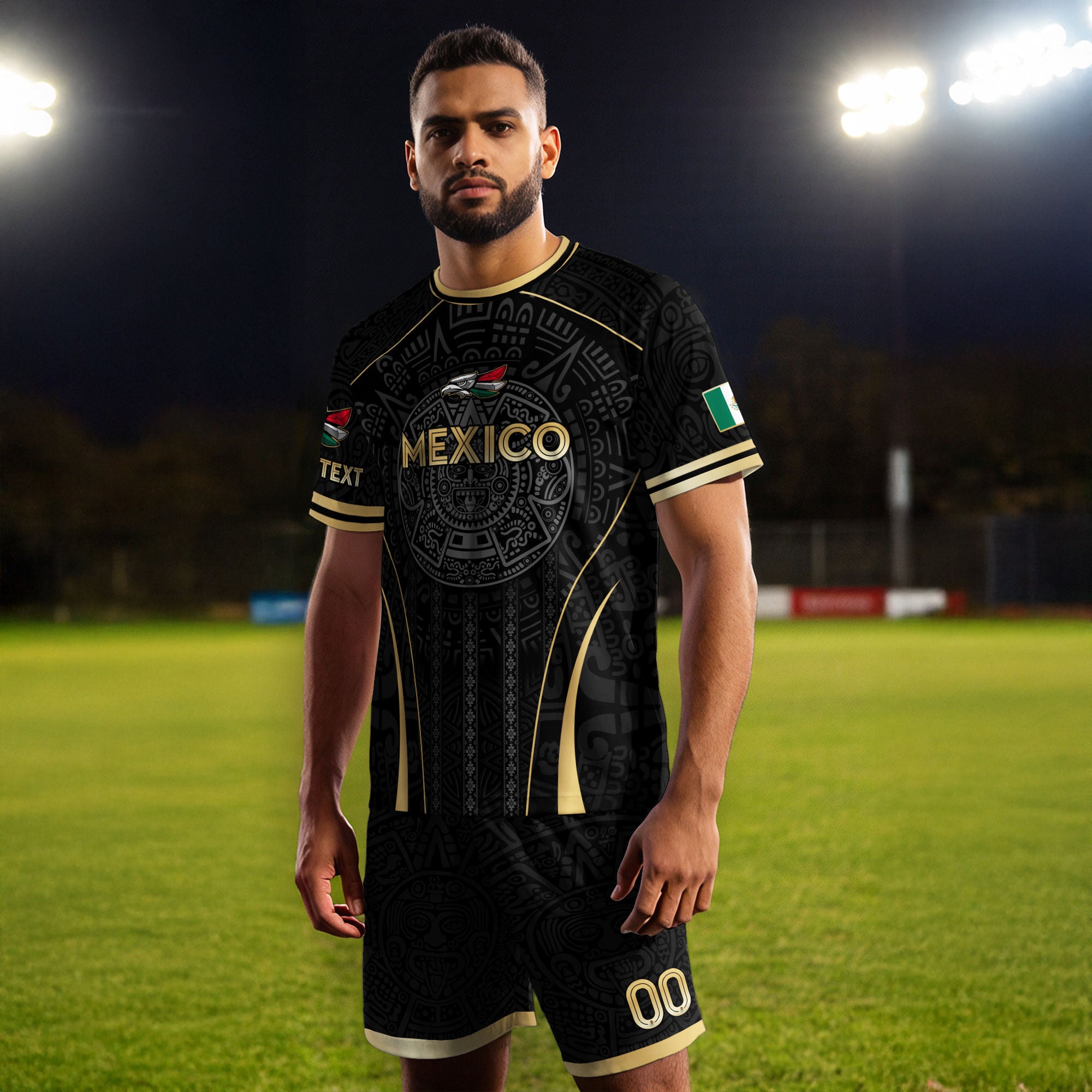 Custom Mexico Soccer Jersey Black Gold Aztec Calendar Design