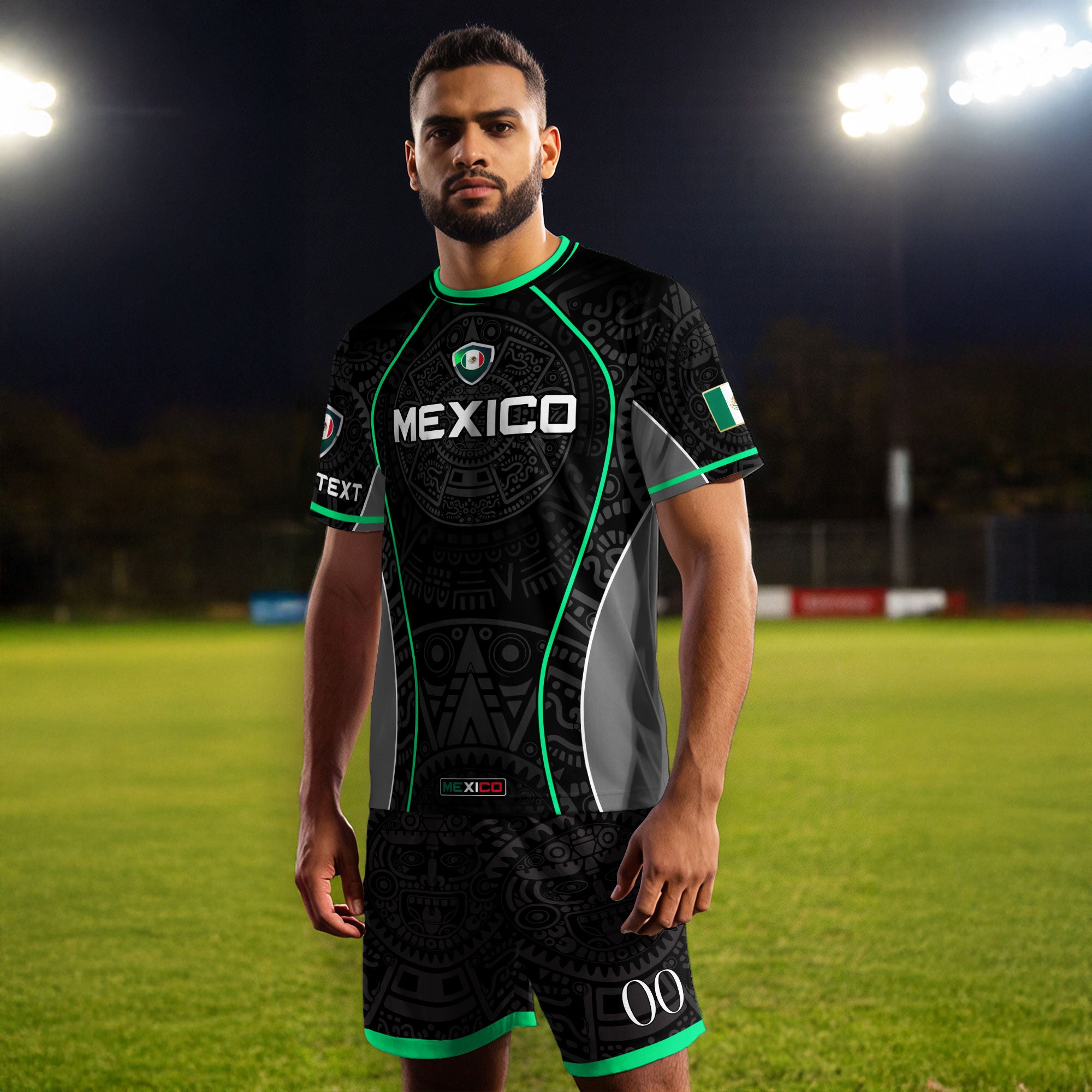 Custom Mexico Soccer Jersey Black Green Aztec Pattern Design