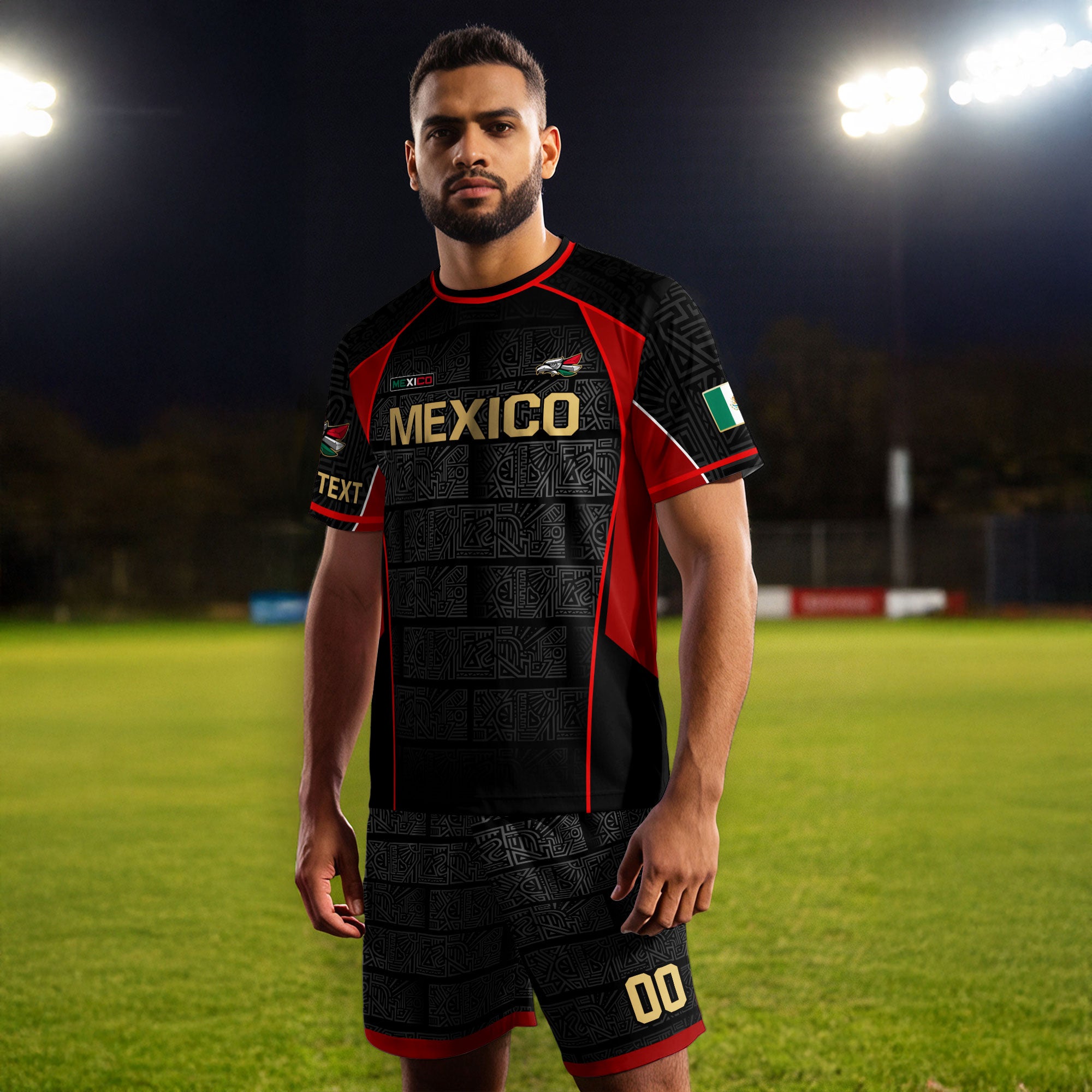 Custom Mexico Soccer Jersey Black Red Gold Aztec Pattern Design