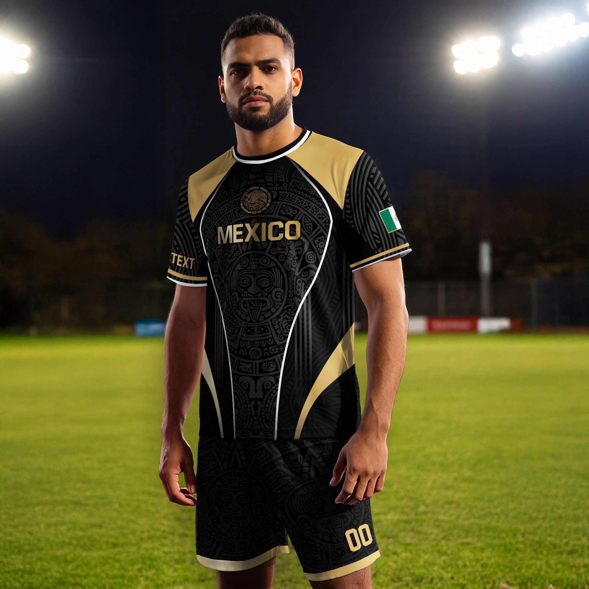 Custom Mexico Soccer Jersey Black Gold Heritage Aztec Pattern Design