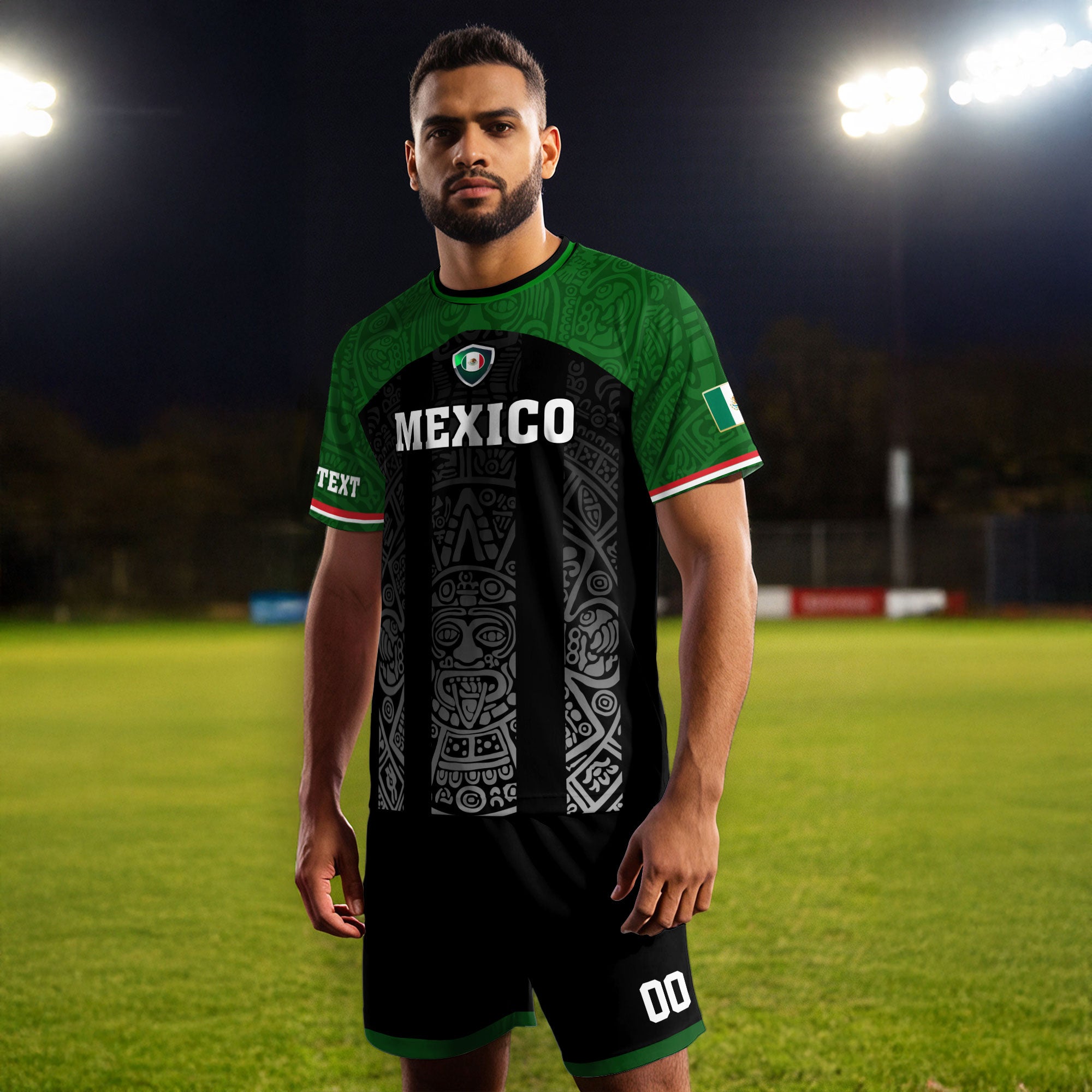 Custom Mexico Soccer Jersey Green Black Aztec Stripe Design