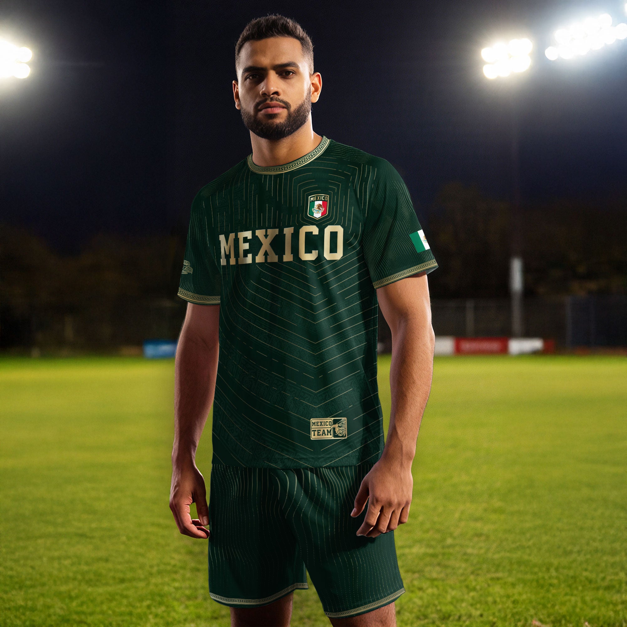 Camiseta de fútbol premium con emblema de águila azteca verde y dorado de México