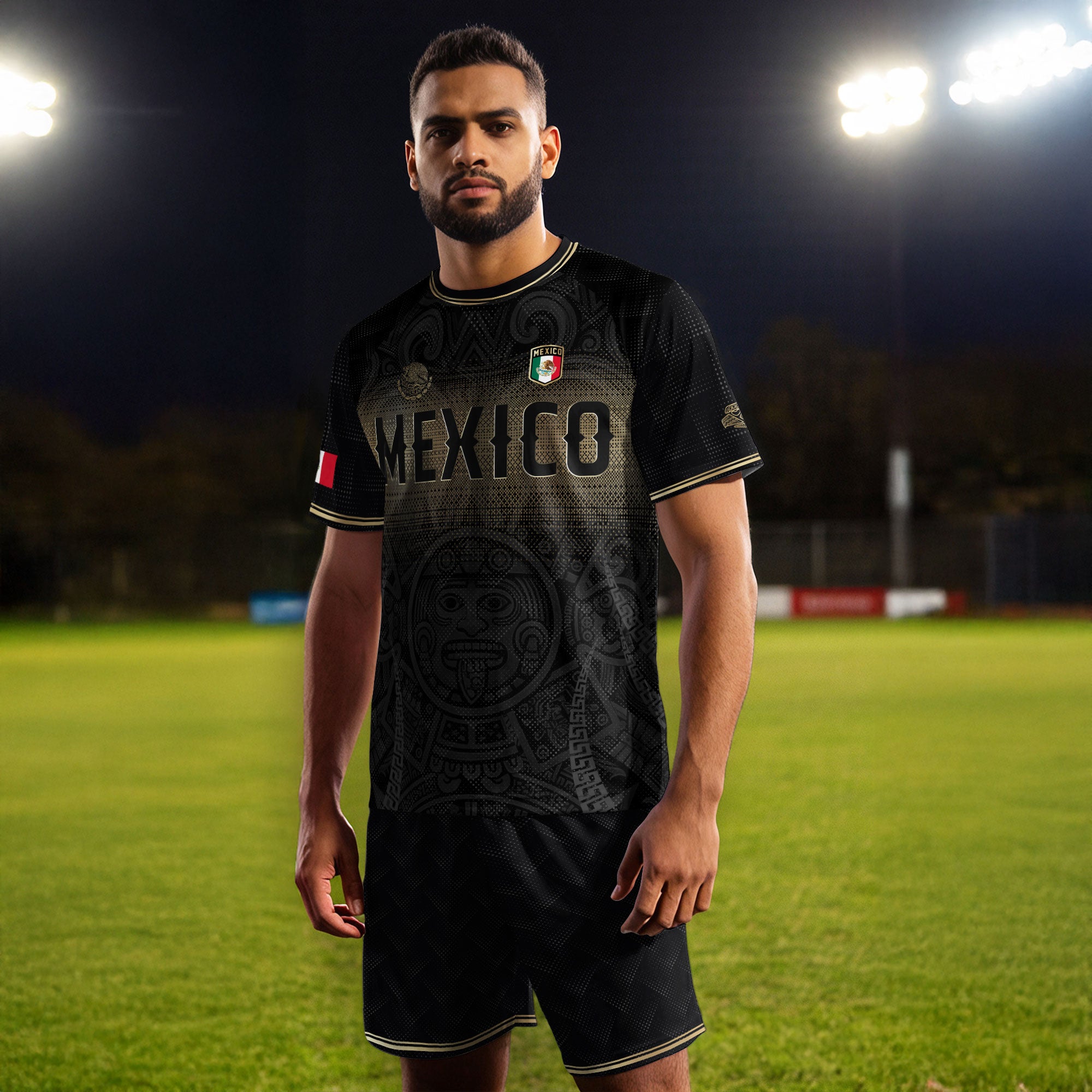 Camiseta de fútbol premium con emblema de águila azteca verde y dorado de México