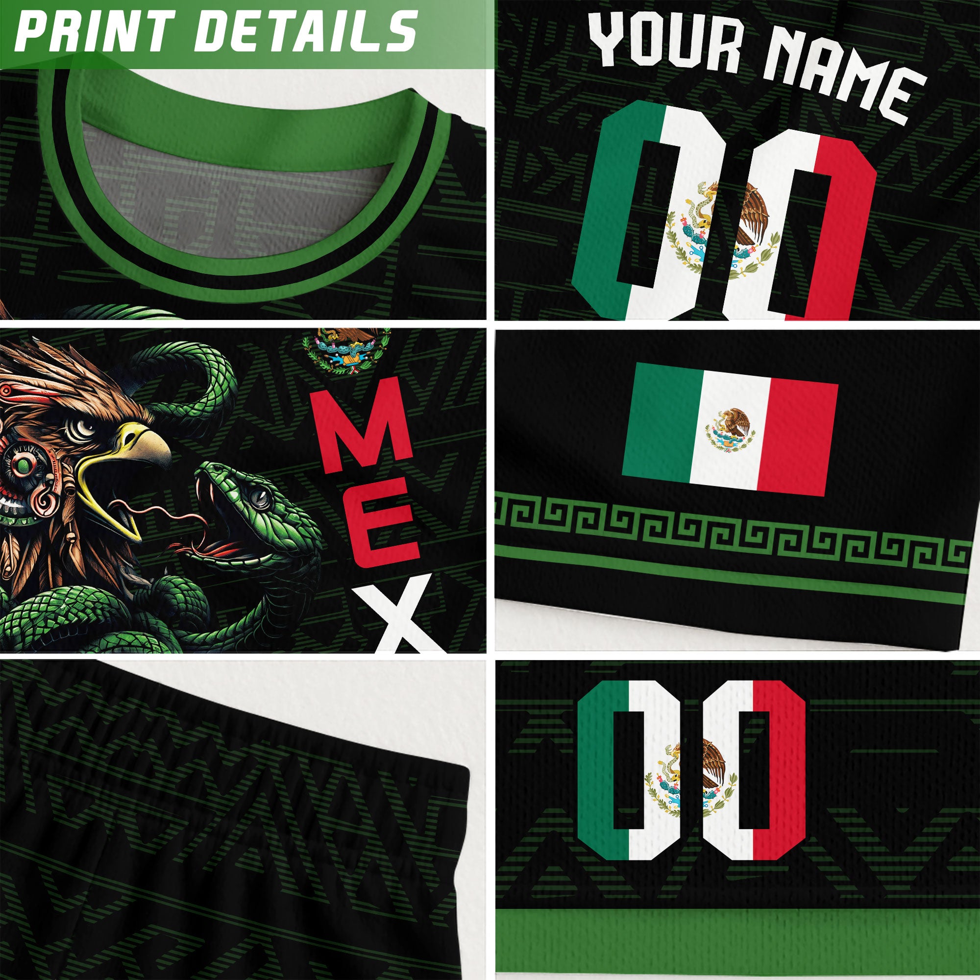 Custom Mexico Black Eagle and Snake Soccer Jersey