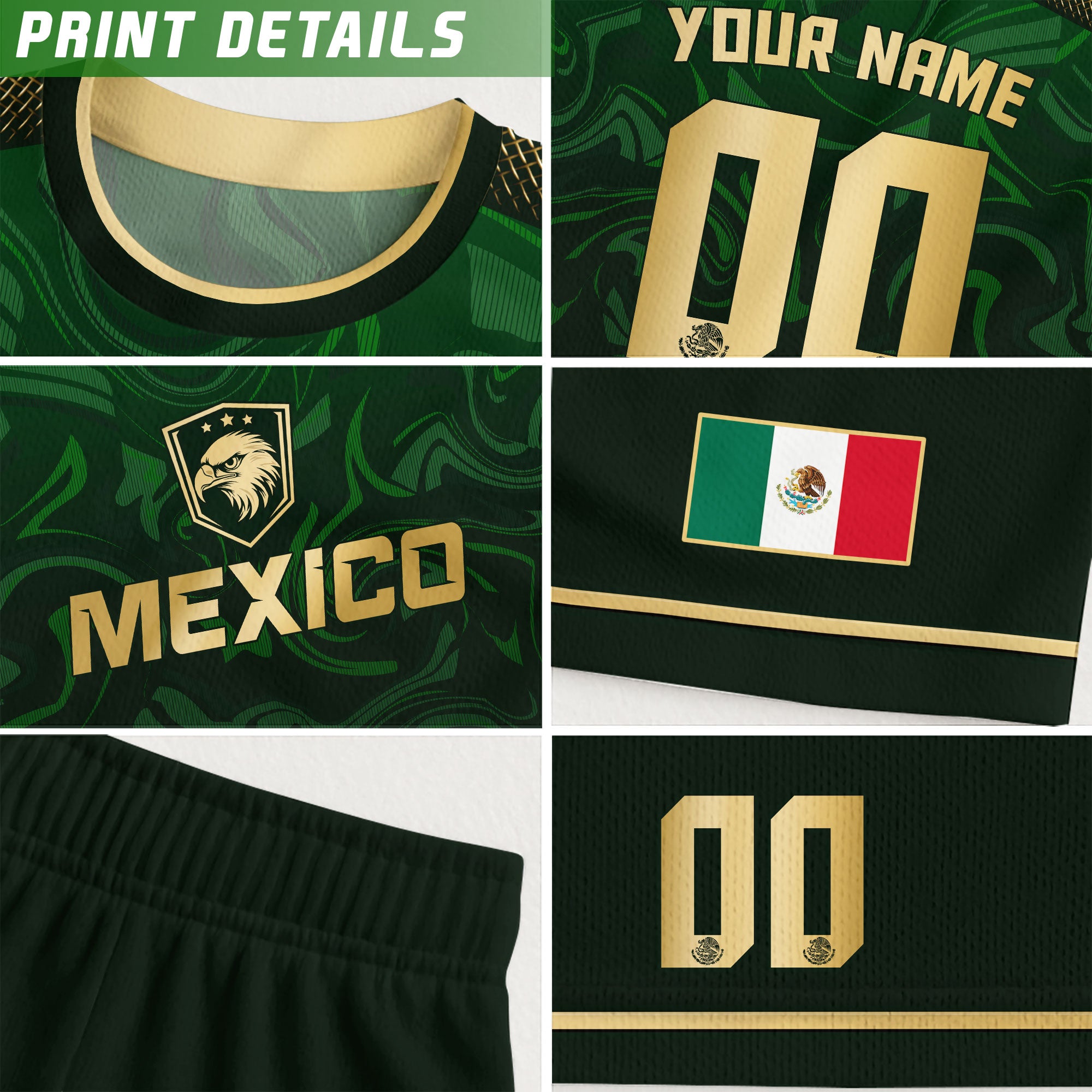 Custom Mexico Green Eagle Soccer Jersey Gold Crest Heritage Edition