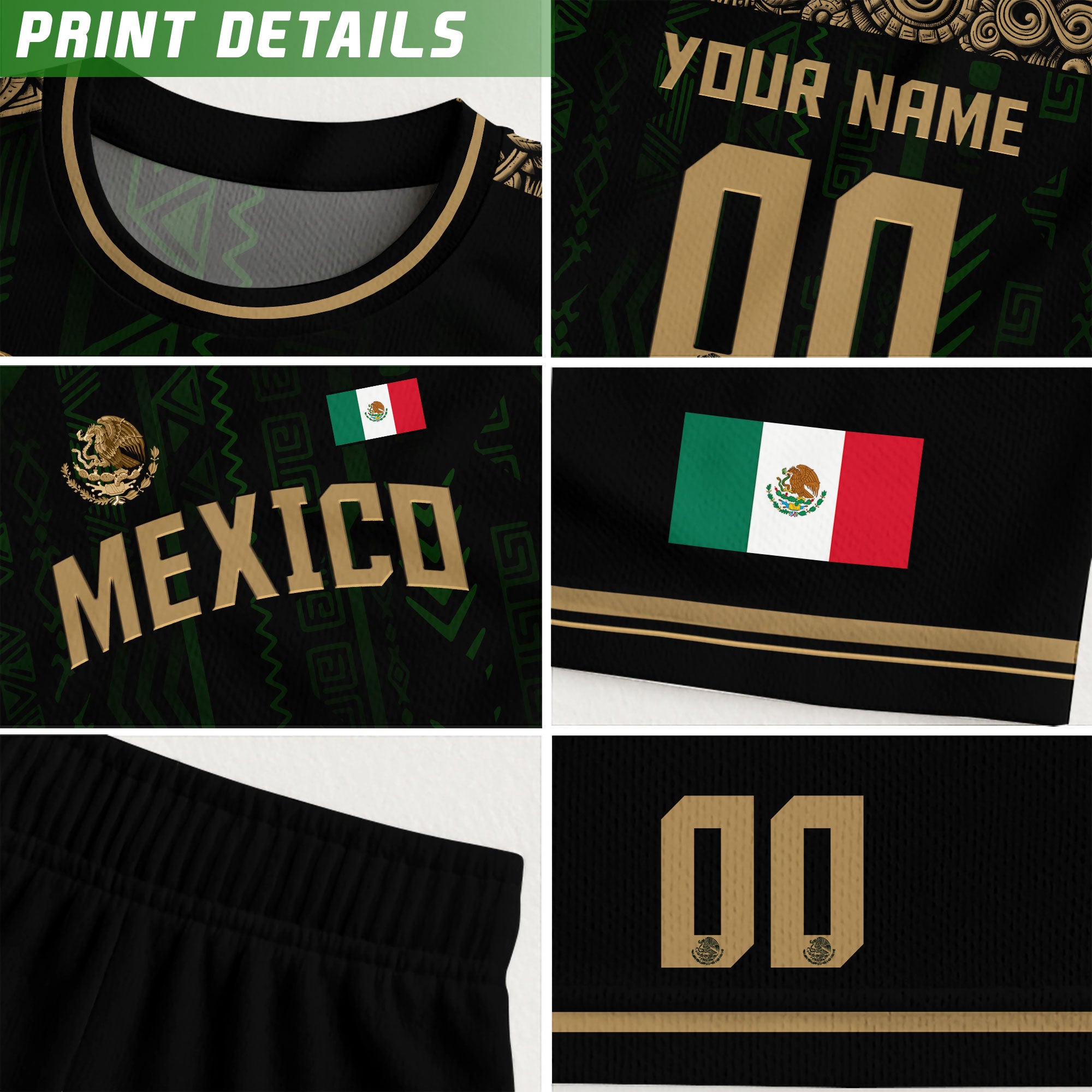 Custom Mexico Soccer Jersey Black Gold Aztec Pattern