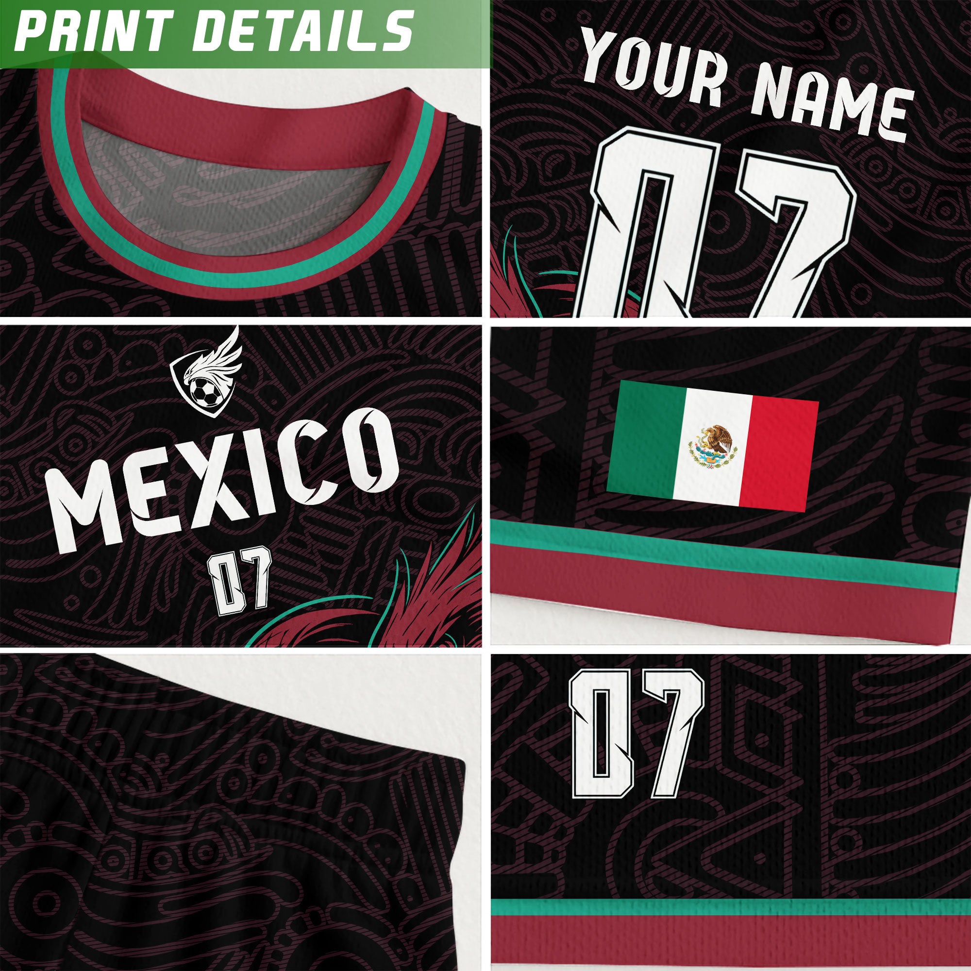 Custom Mexico Black Aztec Eagle Serpent Design Soccer Jersey