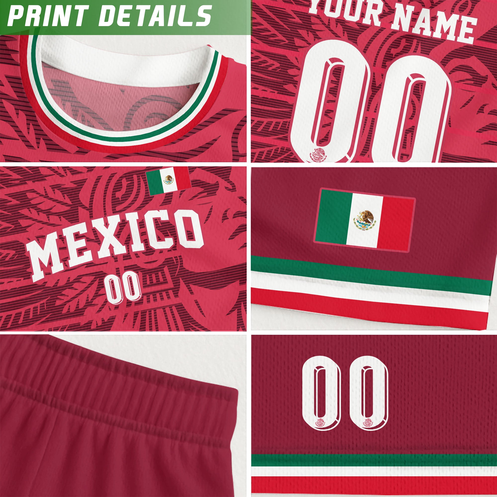 Custom Mexico Burgundy Aztec Pattern Design Soccer Jersey