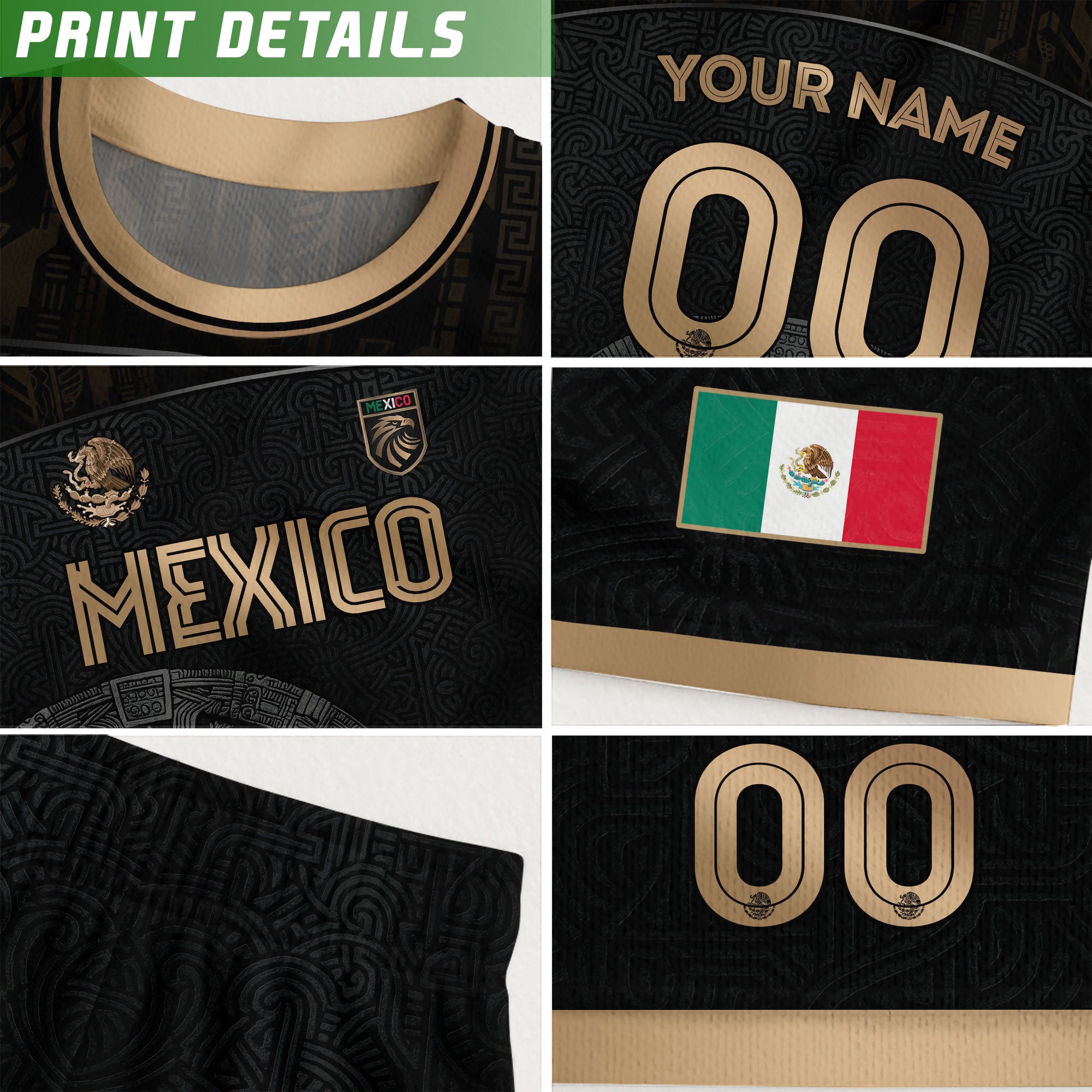 Custom Mexico Black Aztec Calendar Gold Edition Soccer Jersey