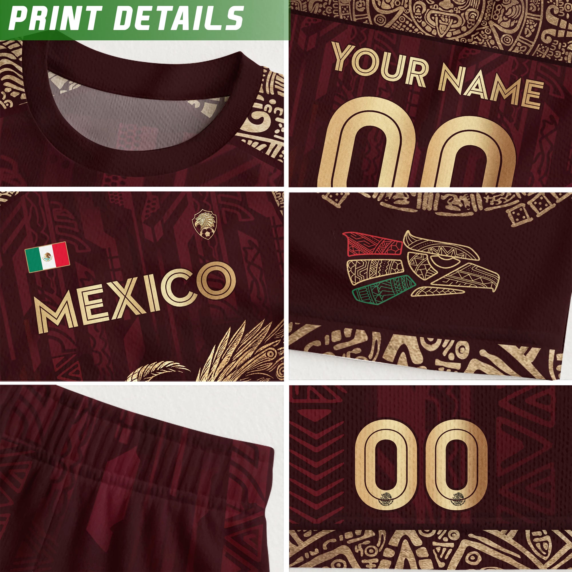 Custom Mexico Burgundy Eagle and Serpent Gold Soccer Jersey