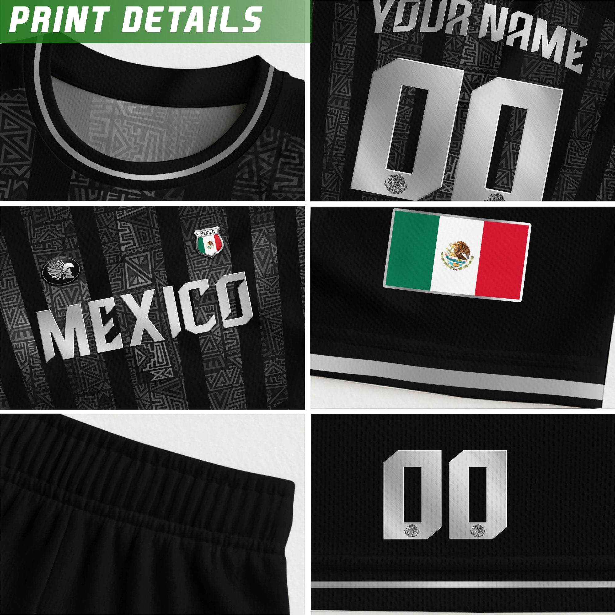 Custom Mexico Black Silver Aztec Pattern Soccer Jersey