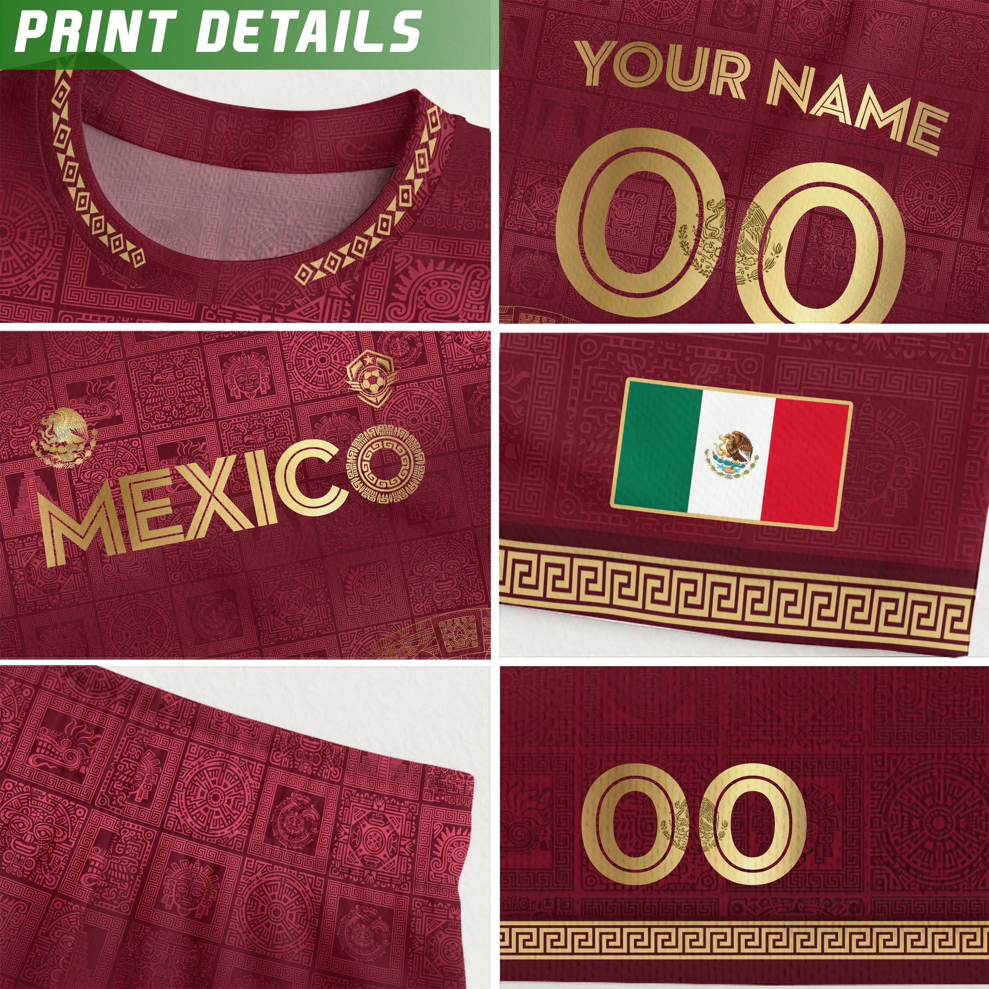 Custom Mexico Maroon Golden Aztec Calendar Soccer Jersey