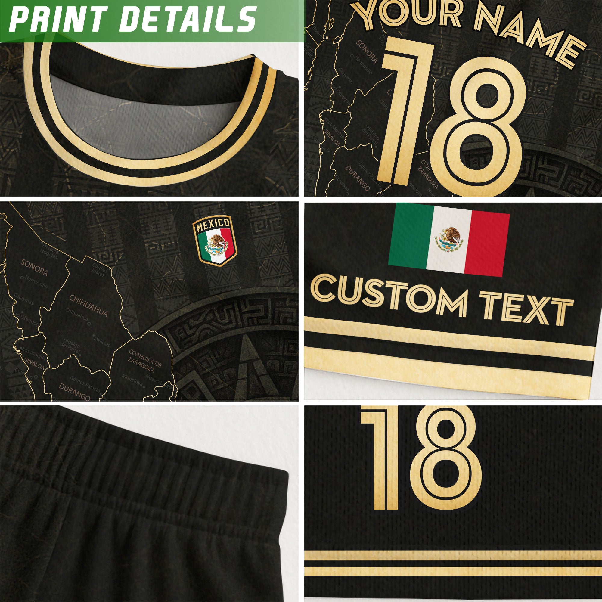 Custom Mexico Black Gold Map Aztec Sun Design Soccer Jersey