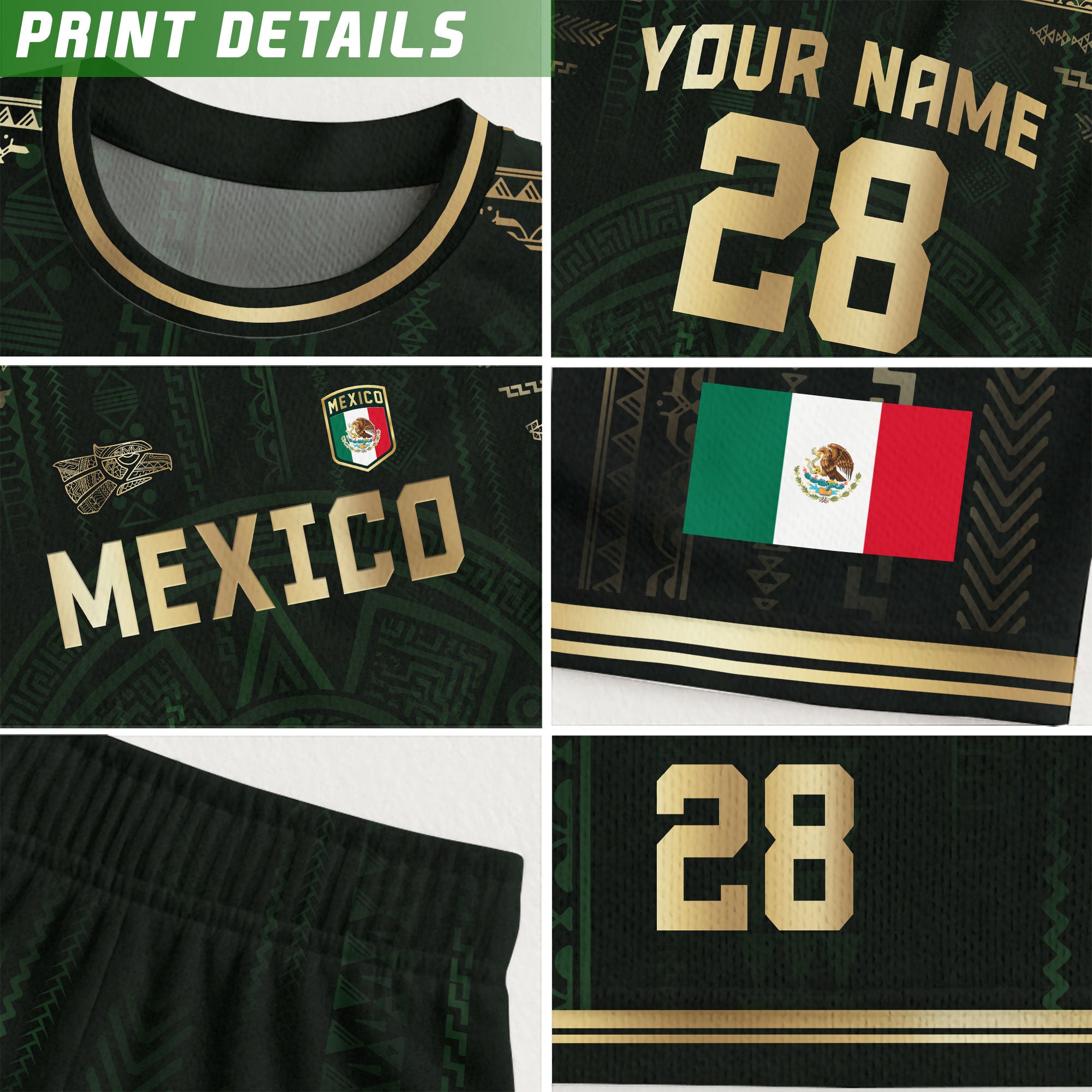Custom Mexico Dark Green Gold Aztec Sun Design Soccer Jersey