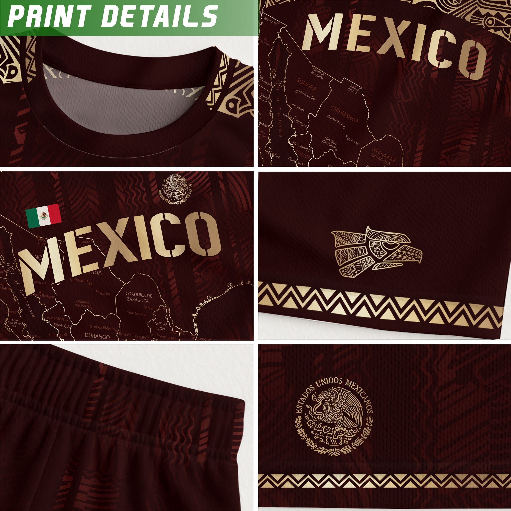 Mexico Soccer Jersey Burgundy Map Aztec Pattern Heritage Golden Details Design