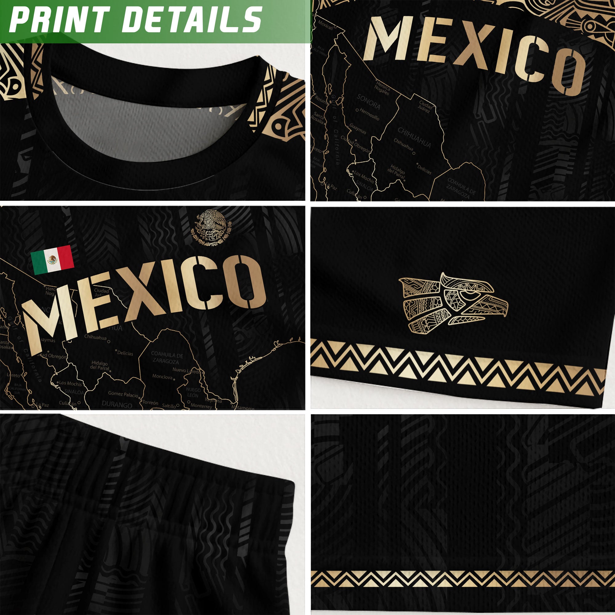 Mexico Black Heritage Map Soccer Jersey with Golden Aztec Details