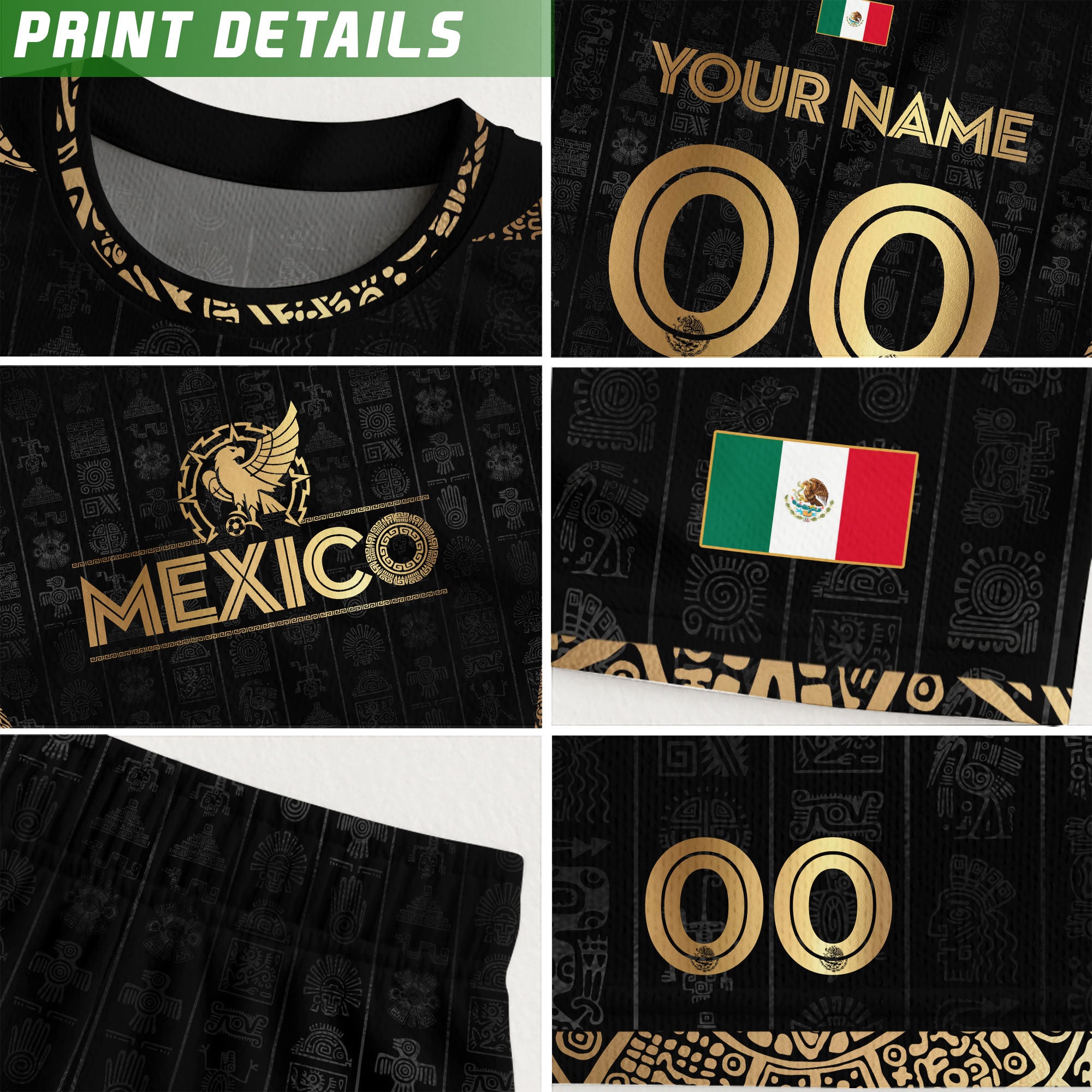 Custom Mexico Black Gold Soccer Jersey with Aztec Eagle Design