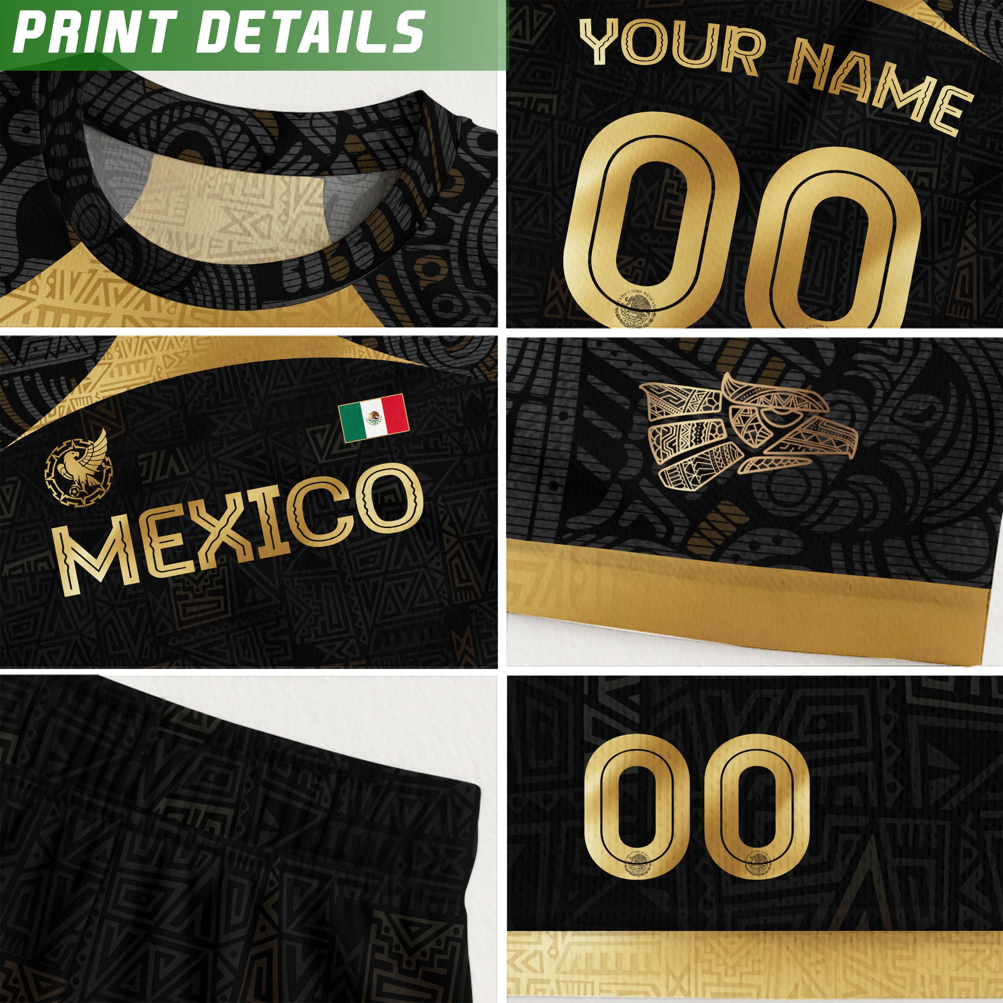 Custom Mexico Black Gold Soccer Jersey with Aztec Warrior Pattern