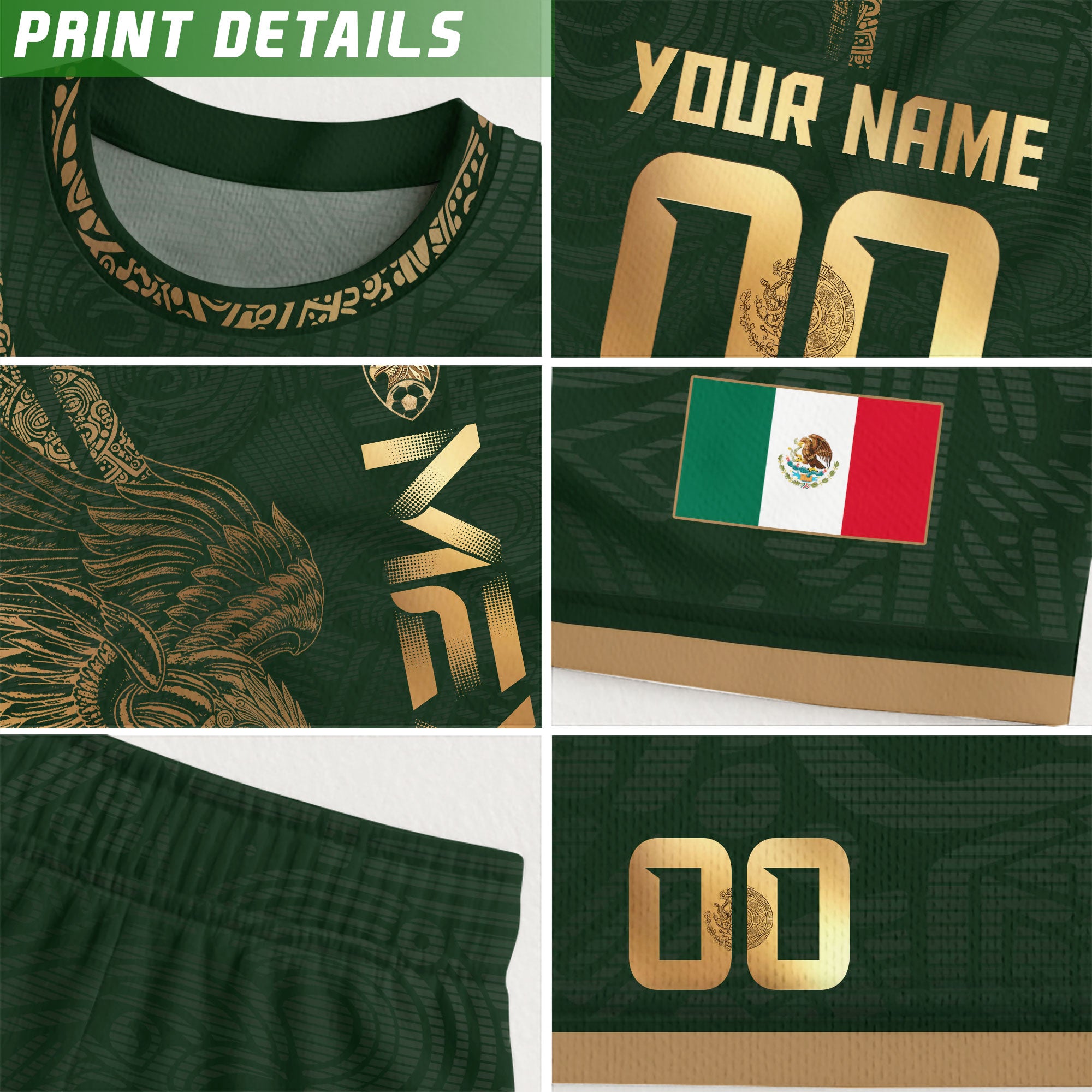 Custom Mexico Green Gold Soccer Jersey with Aztec Eagle Serpent Design