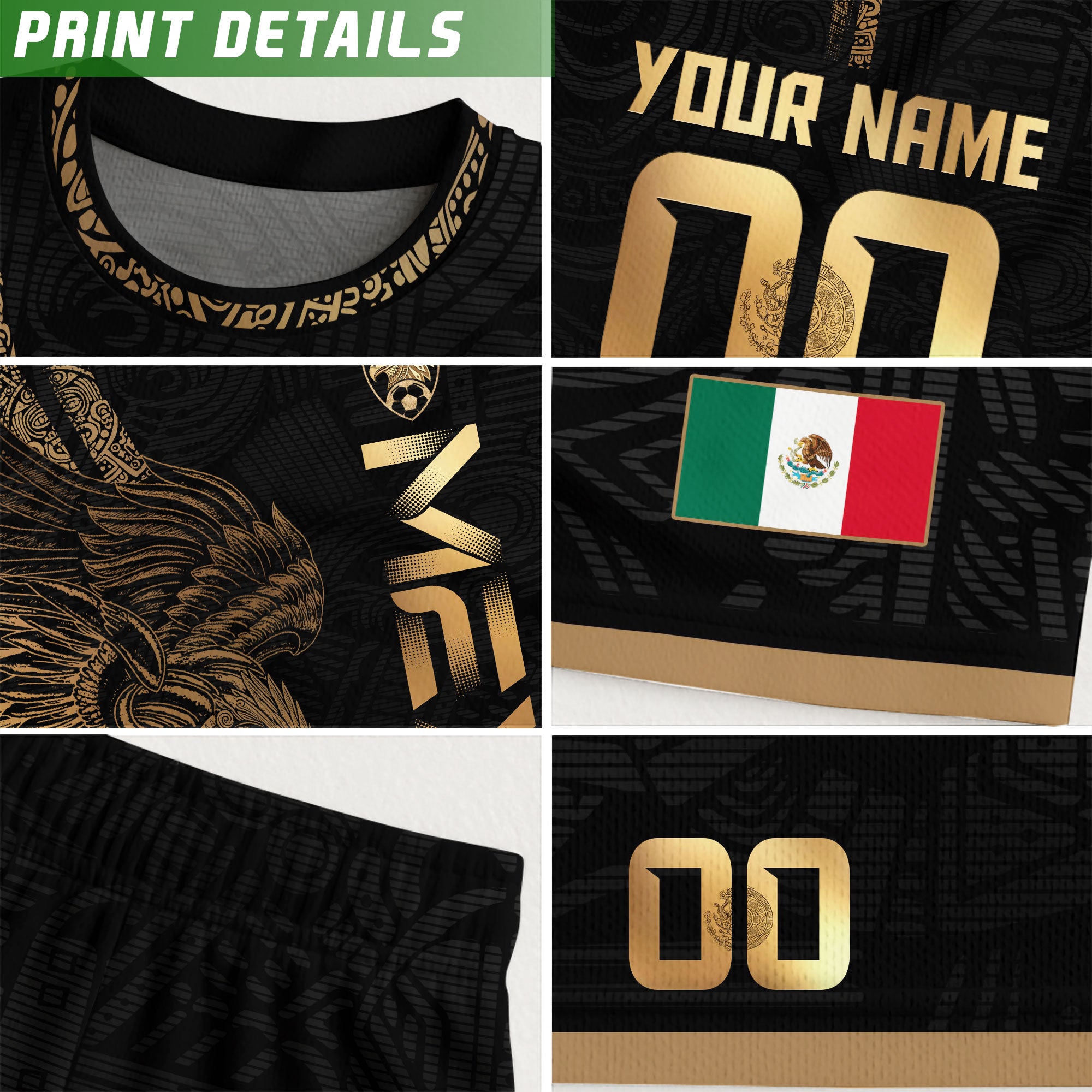 Custom Mexico Black Gold Soccer Jersey with Aztec Eagle Serpent Design