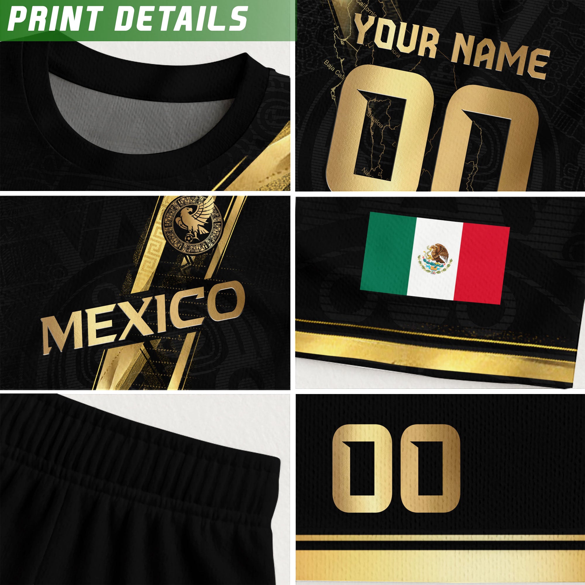 Custom Mexico Black Gold Soccer Jersey with Heritage Map Stripe Design