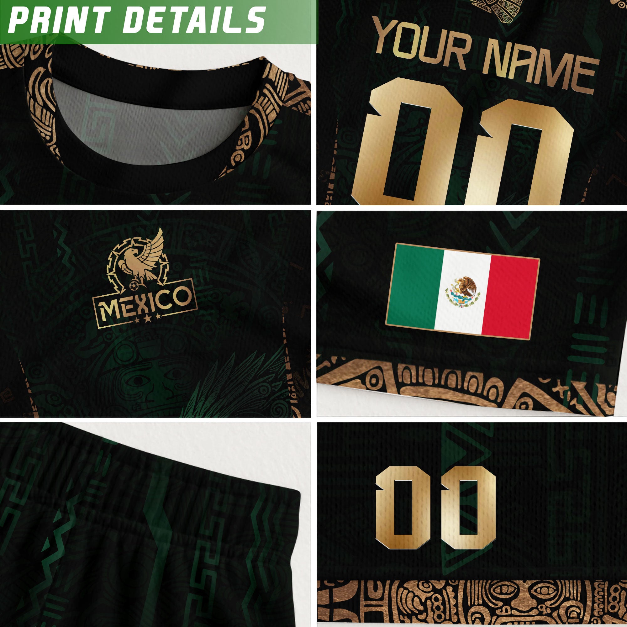 Custom Mexico Green Gold Soccer Jersey with Aztec Eagle Warrior Design