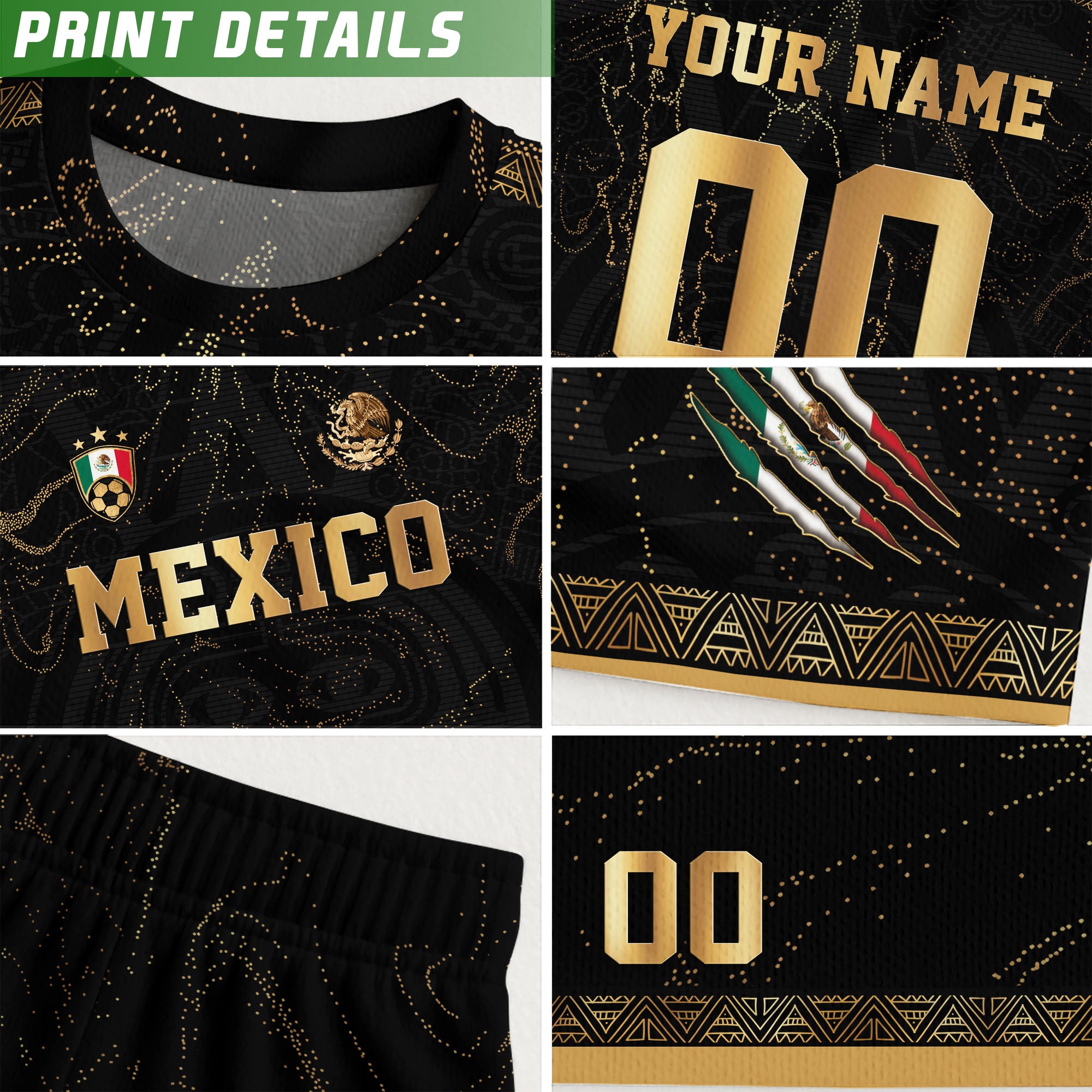 Custom Mexico Black Gold Soccer Jersey with Heritage Map and Aztec Pattern