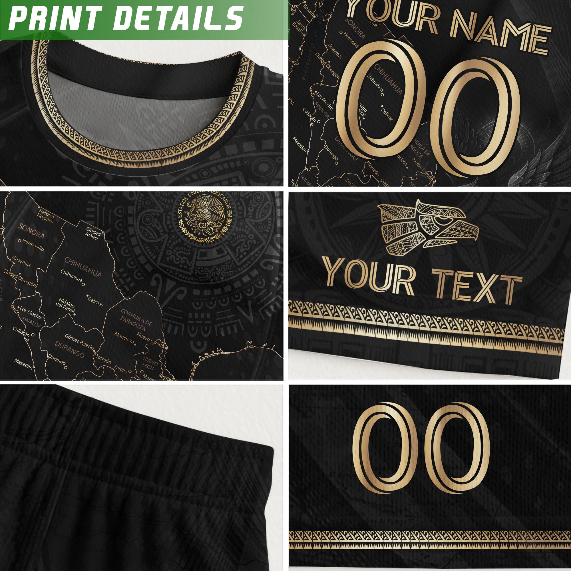 Custom Mexico Black Gold Map Aztec Eagle Heritage Soccer Jersey